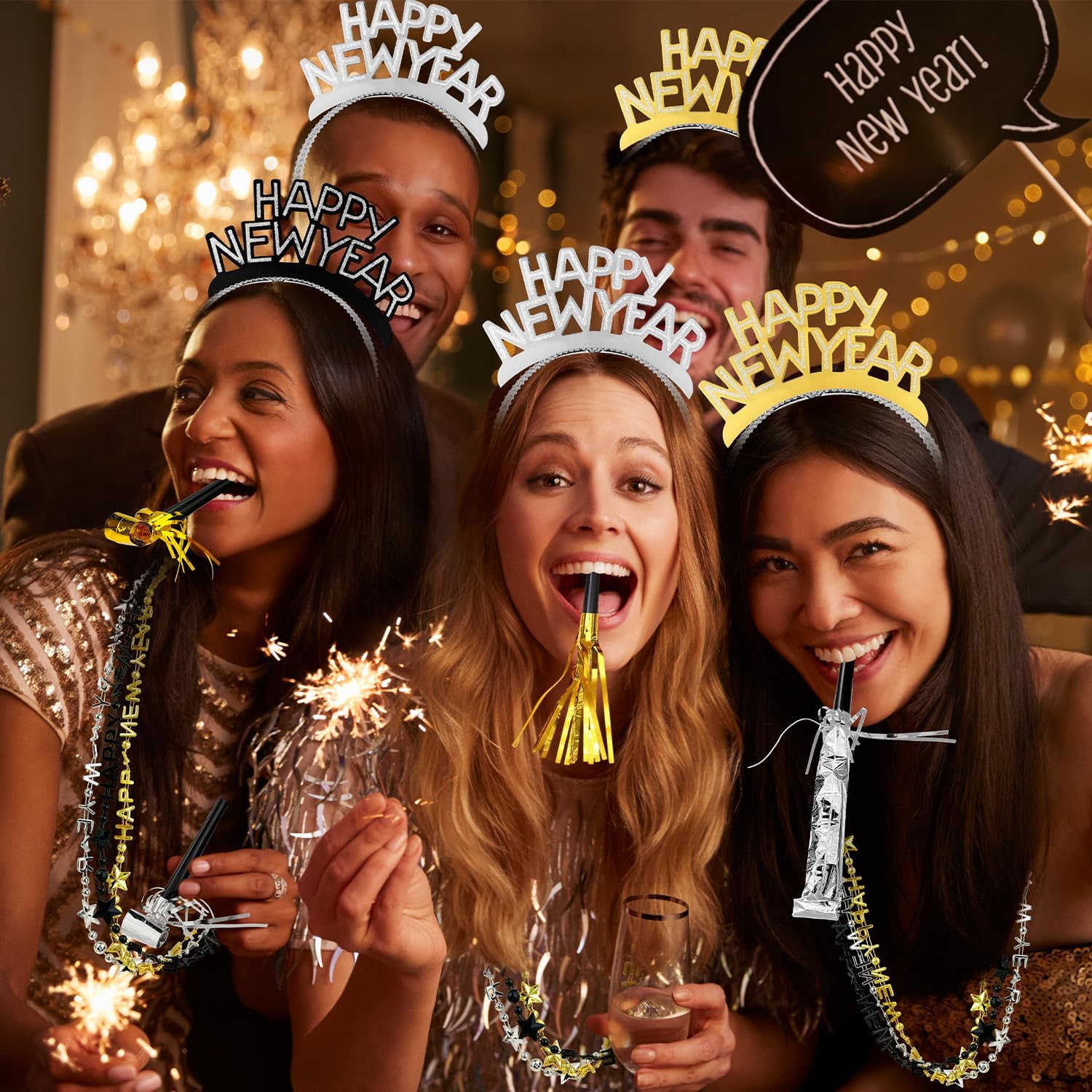 2026 New Years Eve Party Supplies 48 PCS, Happy New Year Decorations Kit - Party Favor Includes Headband, Blowers, Noise Makers & Necklace, NYE Photo Booth Props Accessories Gifts Wearables - Image 5