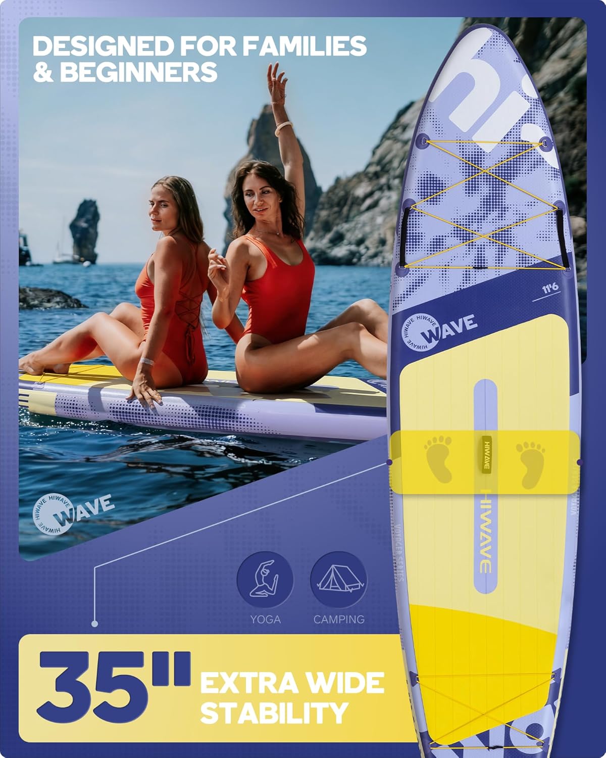 Hiwave Inflatable Touring Paddle Board 11'6" x 35", Extra Wide SUP with 450 lb Capacity, Smooth Glide for Long Distance Paddling, Large Cargo Space for Travel, Stable for Beginners