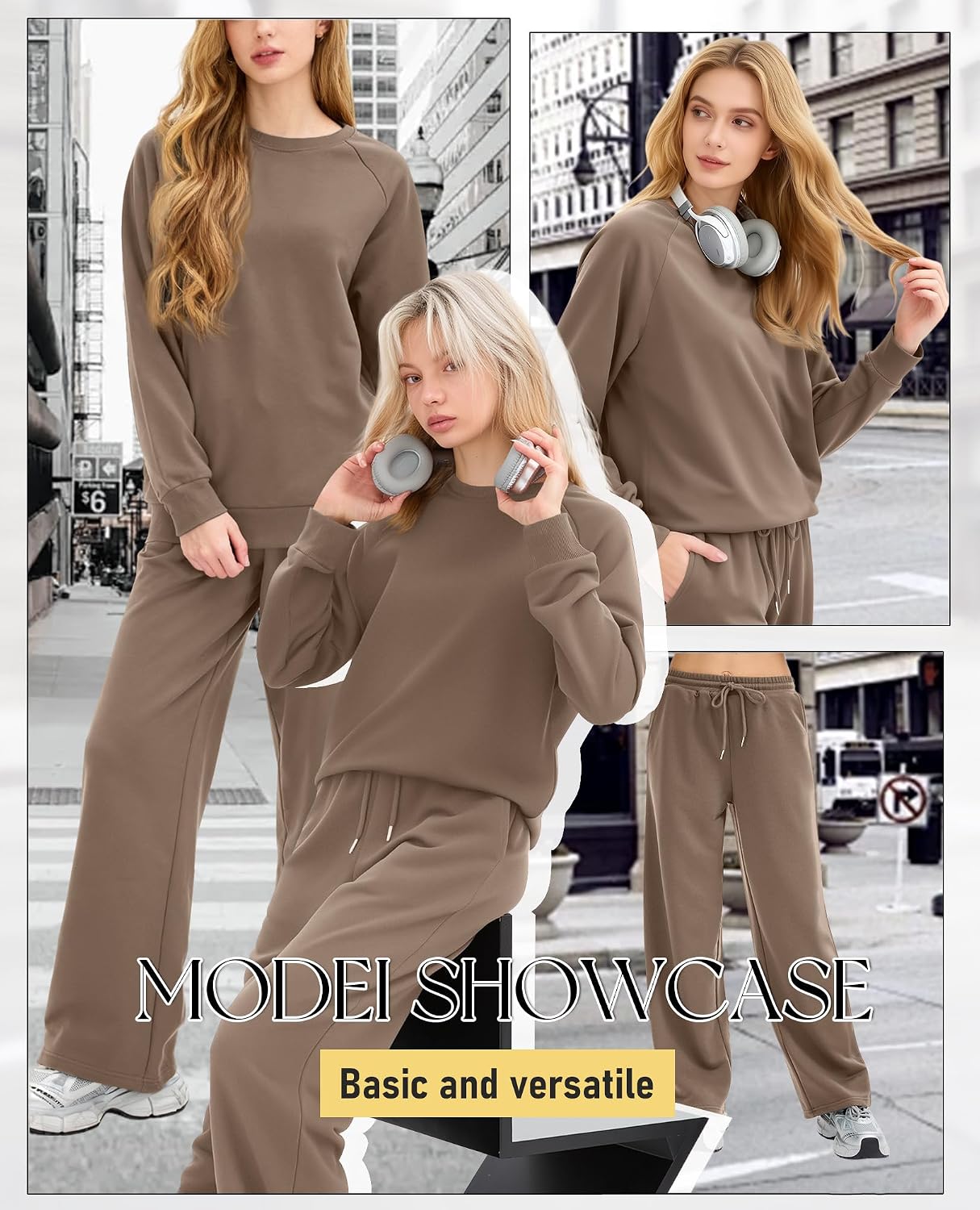 Women's 2 Piece Lounge Sets Sweatsuit Comfy Outfits Baggy Sweatshirt Wide Leg Elastic Waist Pants with Pockets