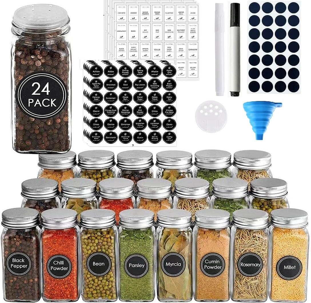 MahMir® Spice Jars with Labels, 4oz Glass Spice Jars with Metal Lids, 120 Labels, Shaker Lid, Collapsible Funnel, 2 Pens, Spice Storage Bottles for Spice Rack