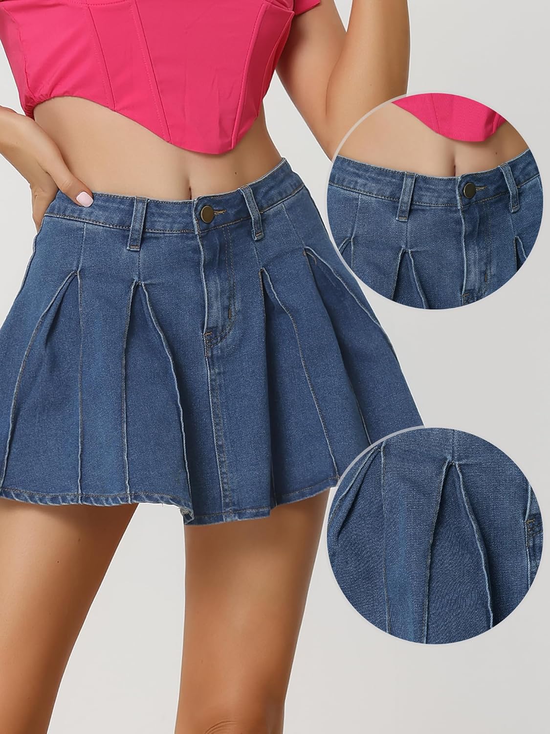 Allegra K Pleated Denim Skirt for Women's Casual A-Line High Waist Short Mini Jean Skirts - Image 4