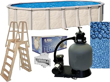 Fallston 15 ft x 30 ft Oval Above Ground Swimming Pool Kit | 52 Inch Steel Walls | Bundle Includes 25 Gauge Liner, A-Frame Ladder, Sand Filter System with Pump & Skimmer