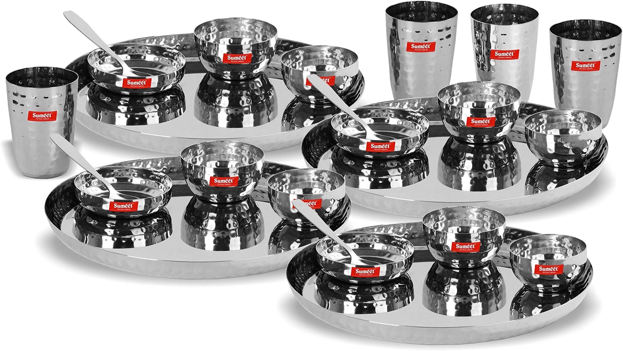 SUMEET Stainless Steel Royal Dinner Set (24 Pieces, Silver), Solid, Geometric