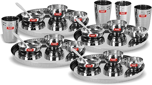 Sumeet Stainless Steel Handcrafted Hammered Texture Heavy Gauge Mirror Finish Royal Dinner set of 24 Pcs (4 Plate, 4 Small...