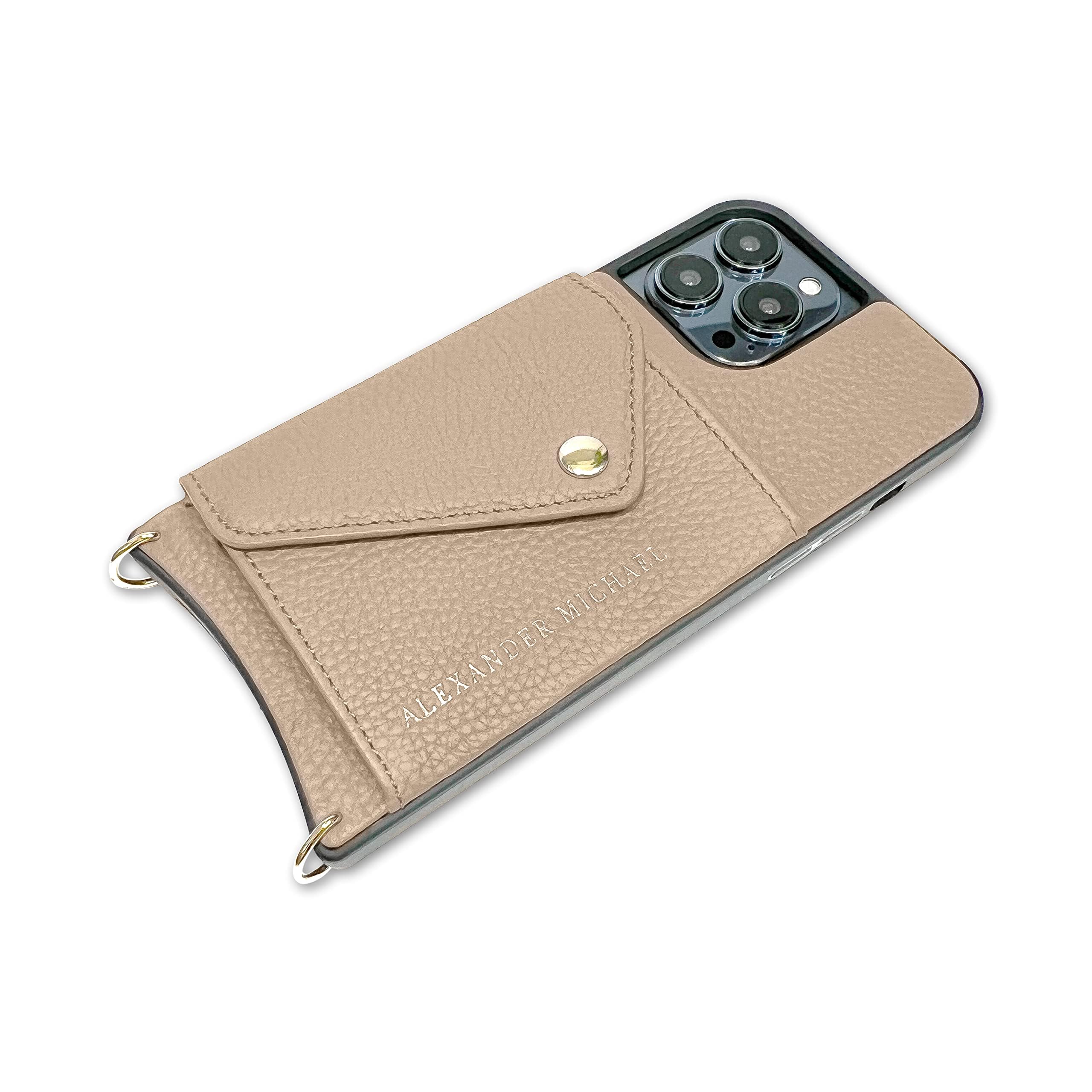 Alexander Michael Caviar Phone Case and Wallet with 2 Straps in Premium Leather, Anti-Theft Phone Crossbody (Beige, iPhone 14)