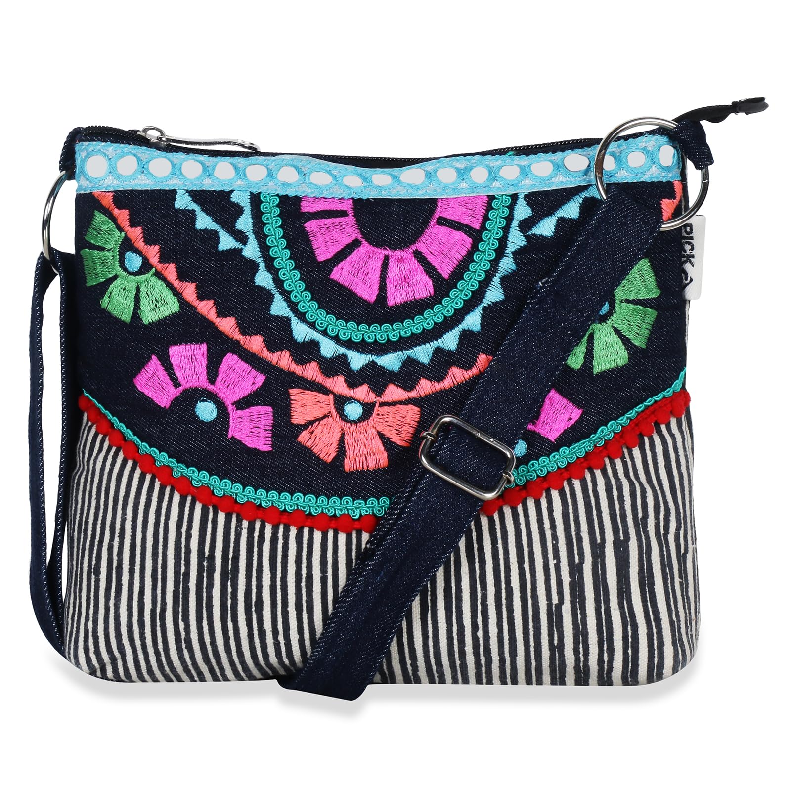 Pick Pocket Black Strip embroidary Sling bag | Black-White Sling Bags | Canvas Sling Bag for Women (B0CS9QDV43) Amazon Price History, Amazon Price Tracker