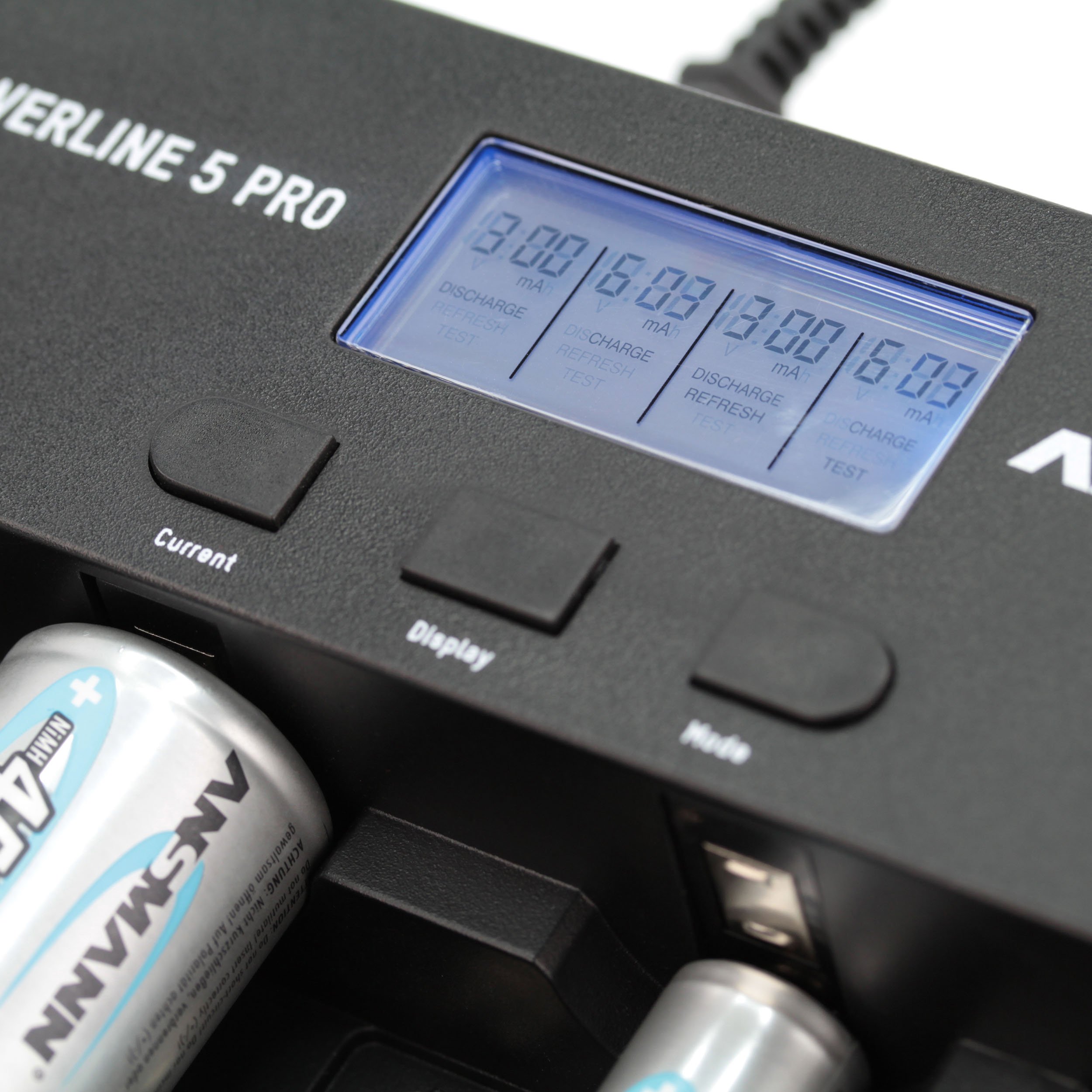ANSMANN Universal Powerline 5 Pro AA AAA C D & 9 V Akku-Ladegerät für NiMh NiCd wiederaufladbare Batterien mit UK-, EU-, US- und AU-Stecker und LCD-Display, Schnellladegerät zum Laden und Entladen