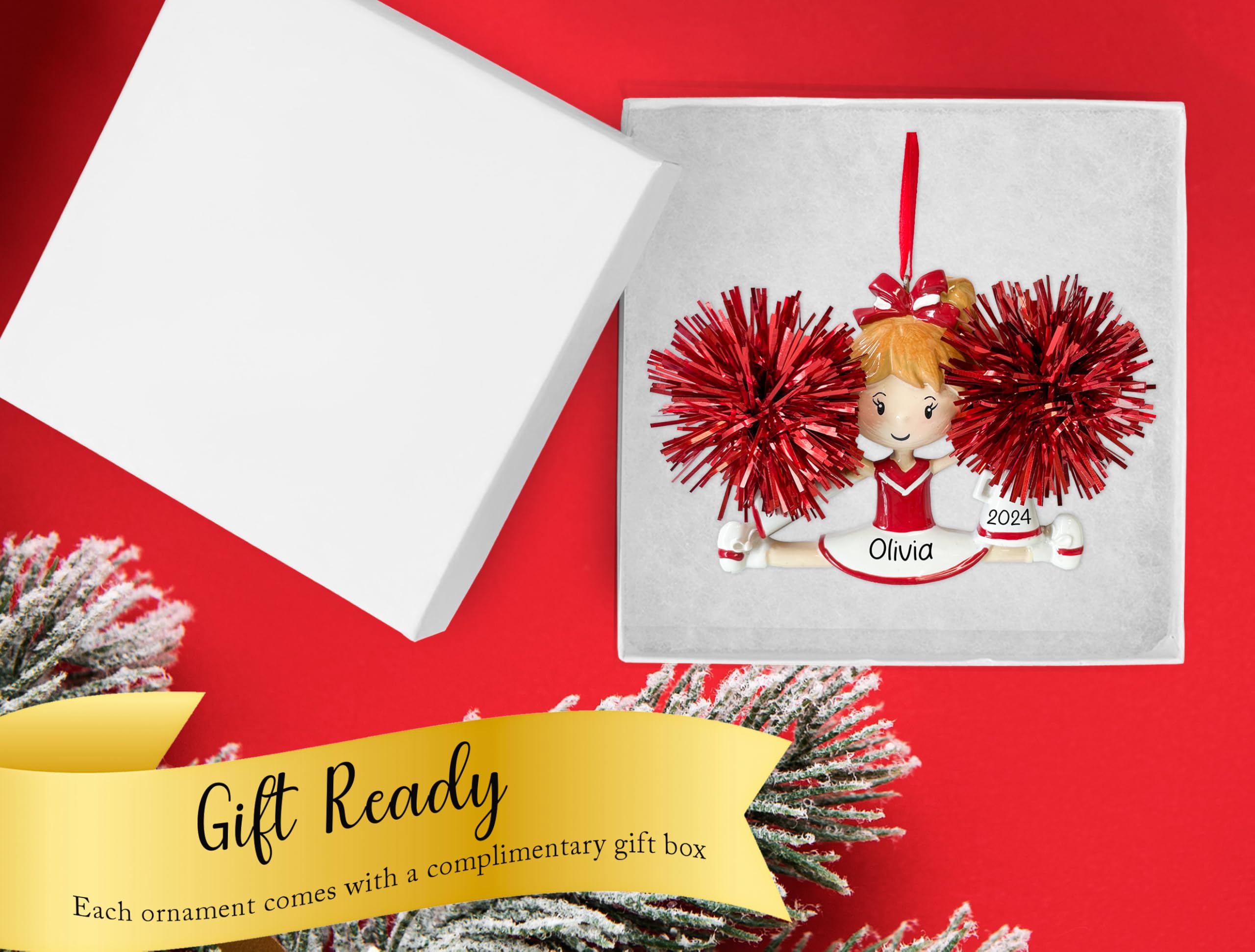 UniqXmas Personalized Cheerleader Christmas Ornament 2025 - Free Customization | Cheer Girl Dancer Figurine Cheerleading with Real Red Pompom for Xmas Tree | Unique Keepsake - Custom Name & Year