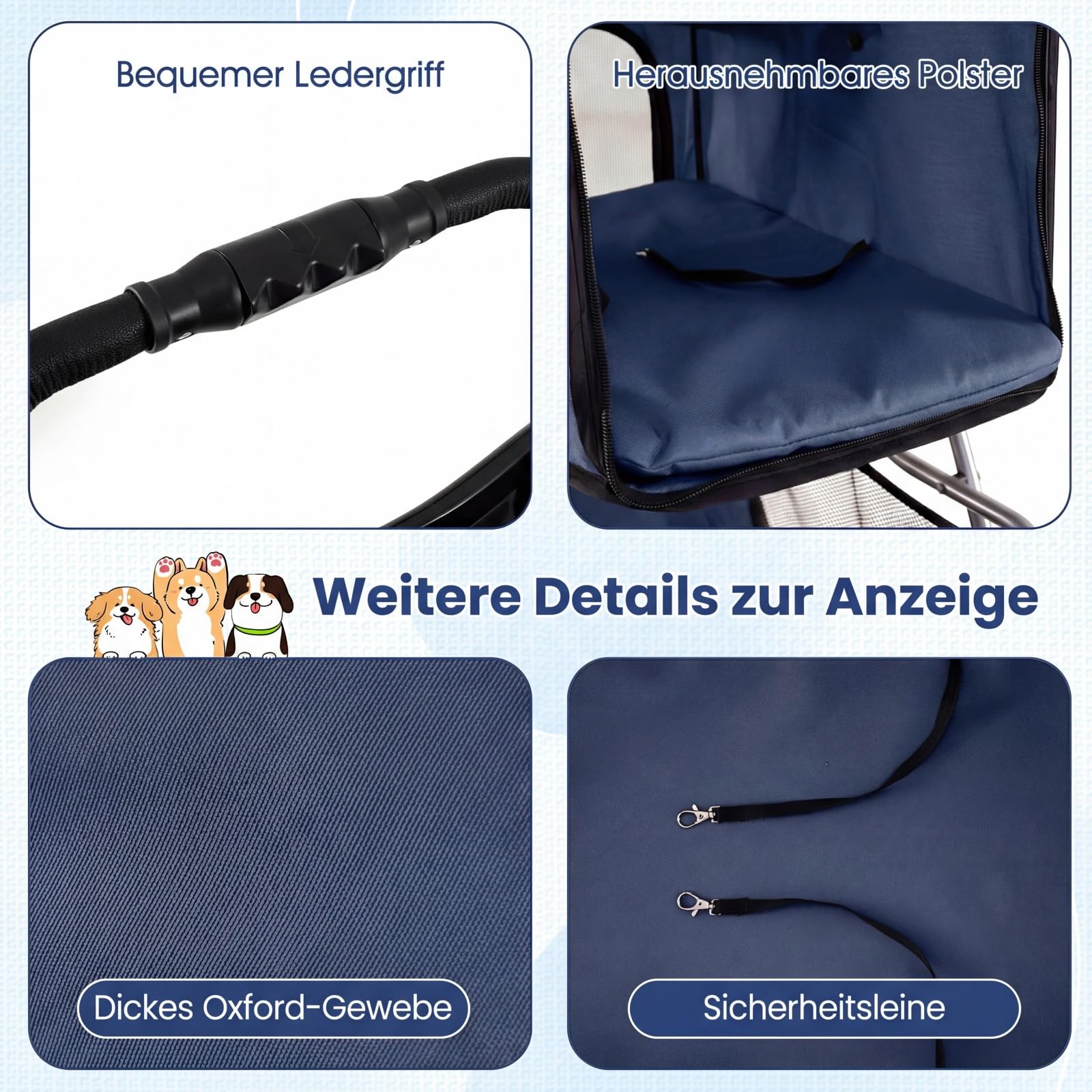 COSTWAY Hundewagen klappbar, Hundebuggy mit verstellbarem Vordach, Netzfenstern, Korb & Getränkehalter, Katzenwagen Haustierwagen, Haustierbuggy für Katzen Hunde bis 15 kg (Blau)