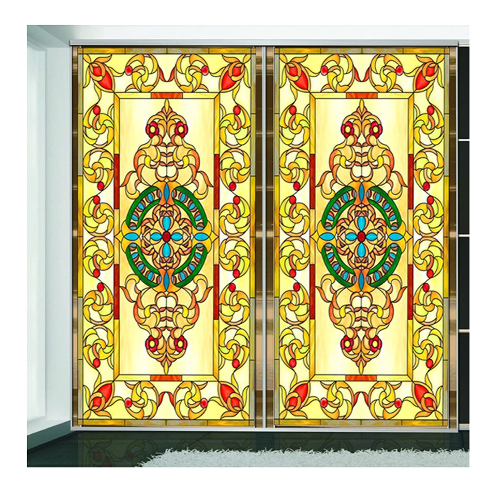 Siunwdiy #018 Stained Glass Window Stickers,Church Style Privacy Windows Film,Static Cling Decorative Frosted Window Films Uv Blocking Muted Colors Window Coverings,,45X90cm(18"X36")