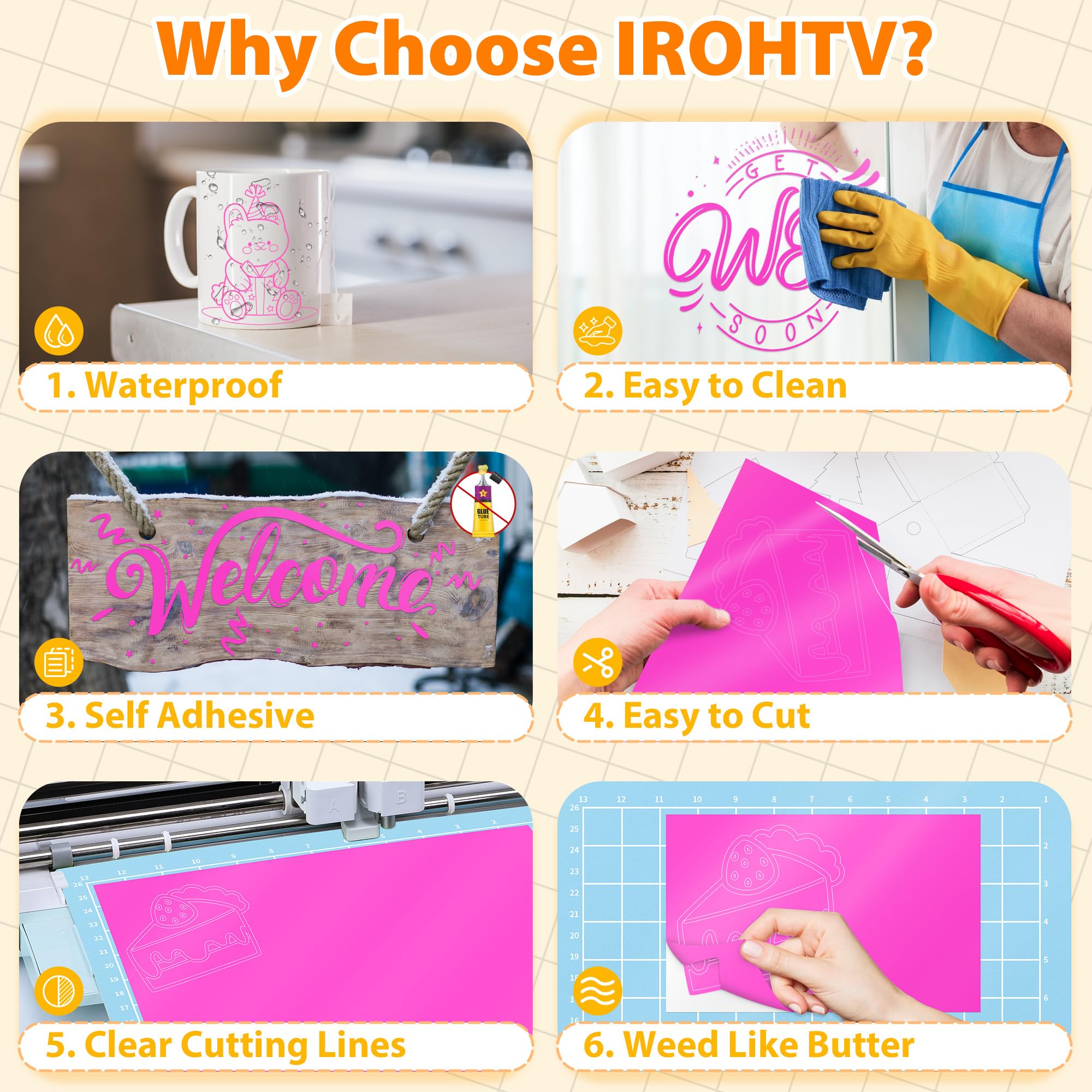 IROHTV Glossy Pink Permanent Vinyl for Cricut, 12in x 6FT Adhesive Vinyl, Removable Vinyl Permanent for Smooth Surface, Indoor and Outdoor Use