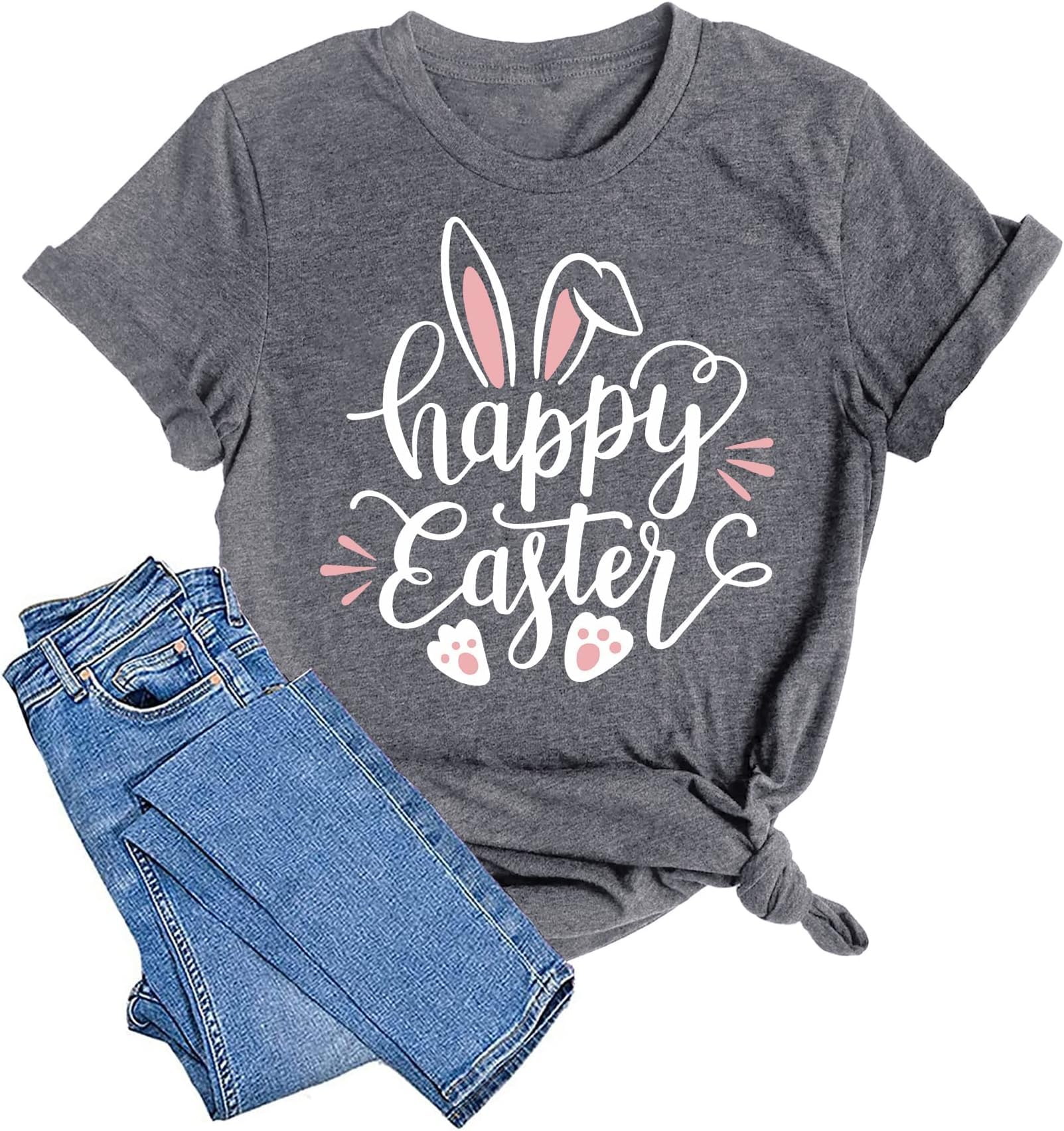 Women Happy Easter T Shirt Bunny Rabbit Graphic T-Shirt Funny Letter Printed Shirts Short Sleeve Tops