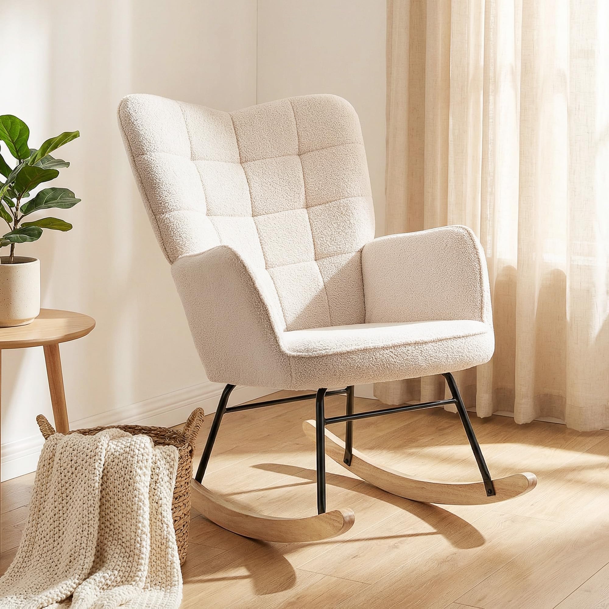 HOMCOM Fotel bujany, fotel bujany, akcentujący, do salonu, fotel relaksacyjny, fotel bujany do sypialni, obciążenie do 120 kg, włóknina berberyjska, kolor beżowy, 71 x 92 x 101 cm