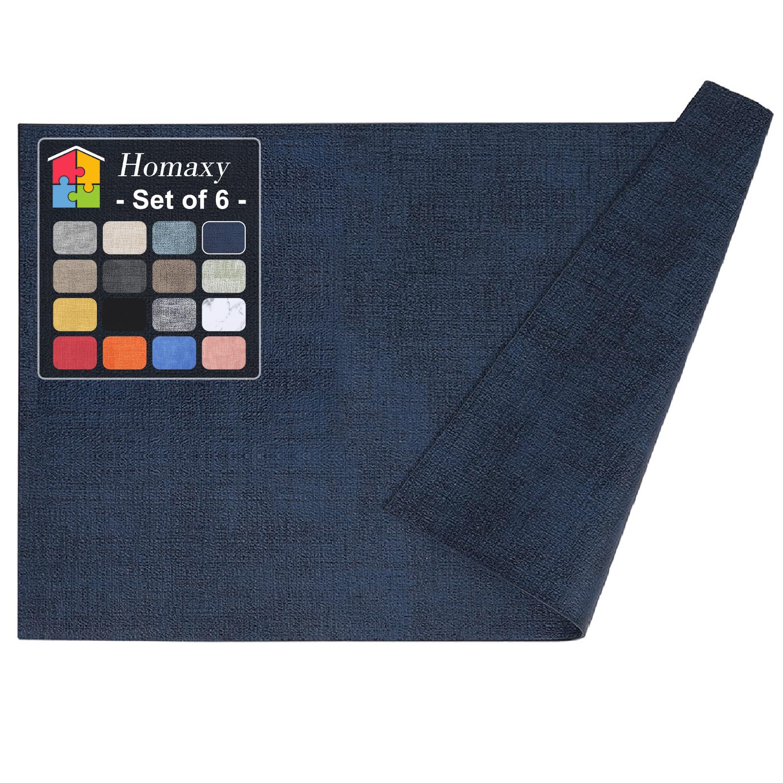 Homaxy Faux Leather Heat Resistant Placemats for Dining Table Set of 6, Waterproof Wipeable Washable PU Table Mats, Easy to Clean Anti-Slip Place Mats, 11.8" x 17", Navy Blue