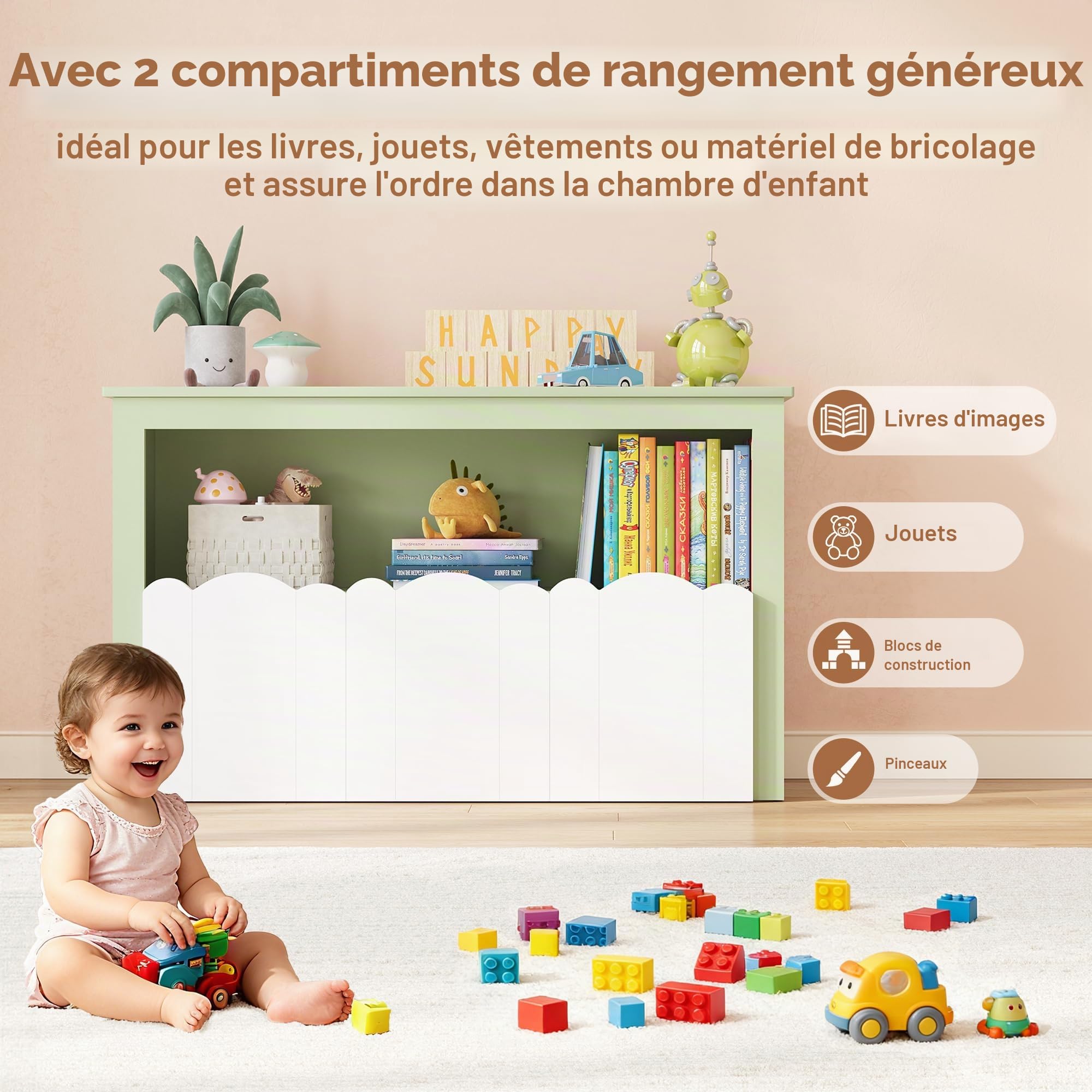 YOUDENOVA Étagère pour enfant, meuble de chambre d'enfant, avec 3 boîtes, rangement de jouets sur roulettes, 102,2 x 33 x 61,5 cm, rangement de chambre d'enfant pour livres d'images, livres d'histoire