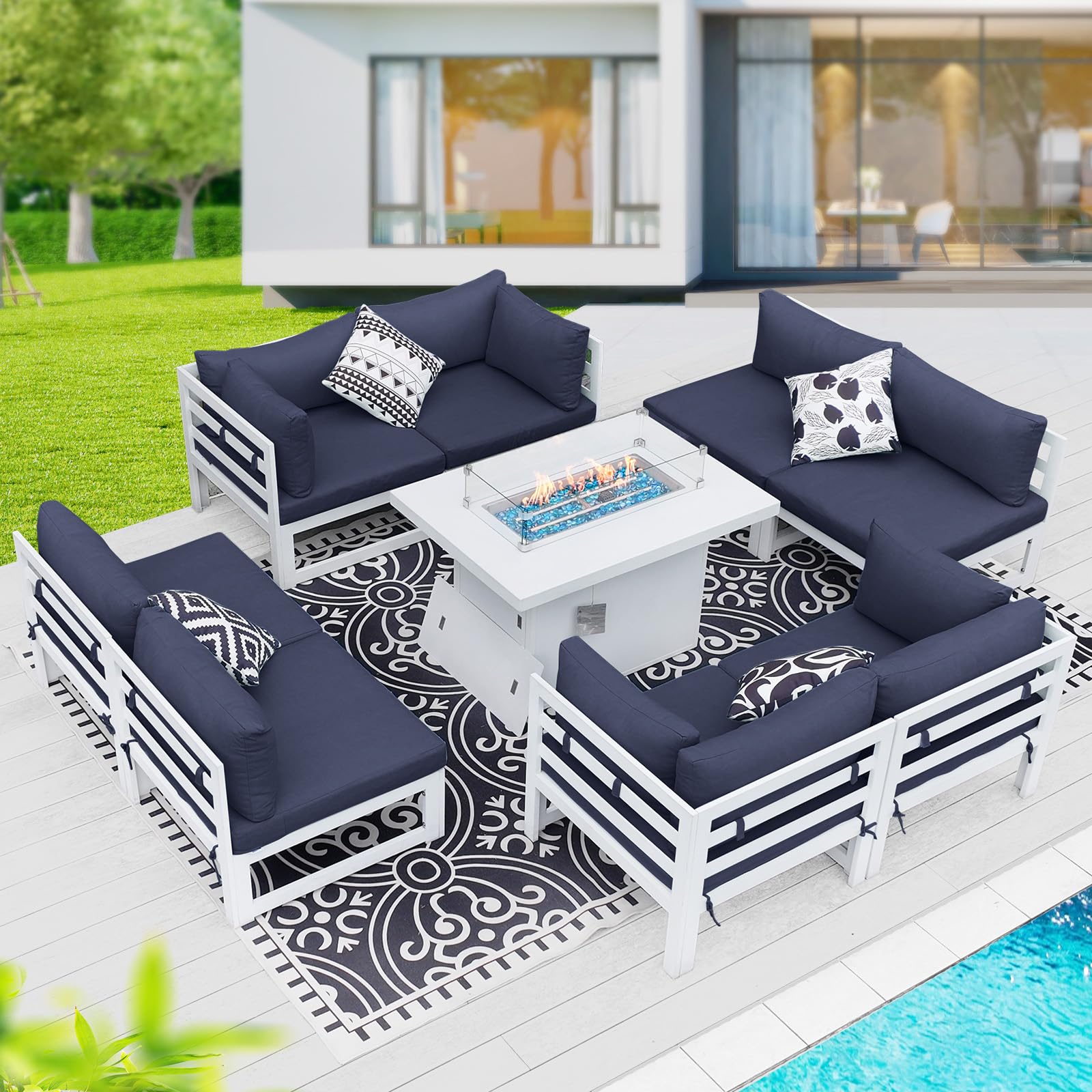 BULEXYARD 9 Piece L Shaped Contemporary Aluminum Outdoor Furniture Set with Firepit, 29" Deep Wide Large Couch Set, 500 lbs High Weight Capacity