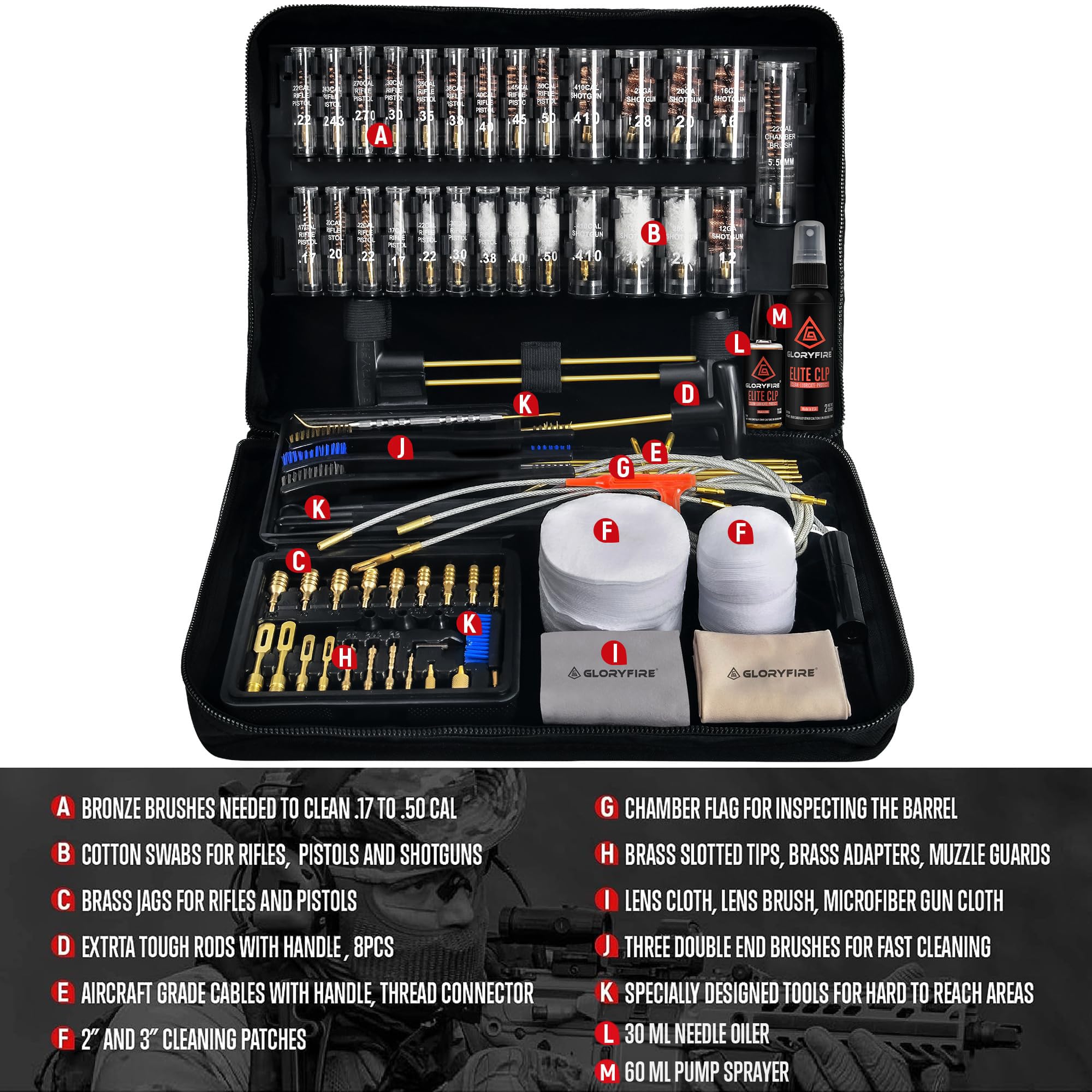 GLORYFIRE Gun Cleaning Kit Rifle Handgun Shotgun Pistol Cleaning Kit for All Guns with High-end Brass Brushes, Mops, Jags, Reinforced, Lengthened Rods and Gun Cleaning Snake&Ropes