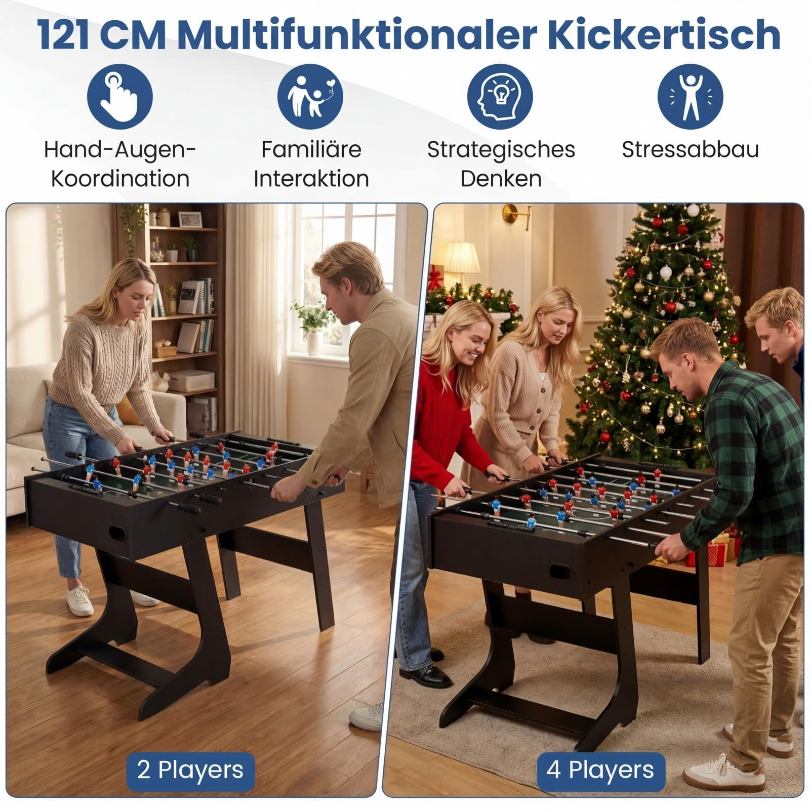 COSTWAY Tischkicker klappbar für 2-4 Spieler, 120 cm Kickertisch mit 22 Spielfiguren, Bällen & 2 Punktezähler, Tischfußball platzsparend Holz, Profi Tischfussball für Kinder & Erwachsene