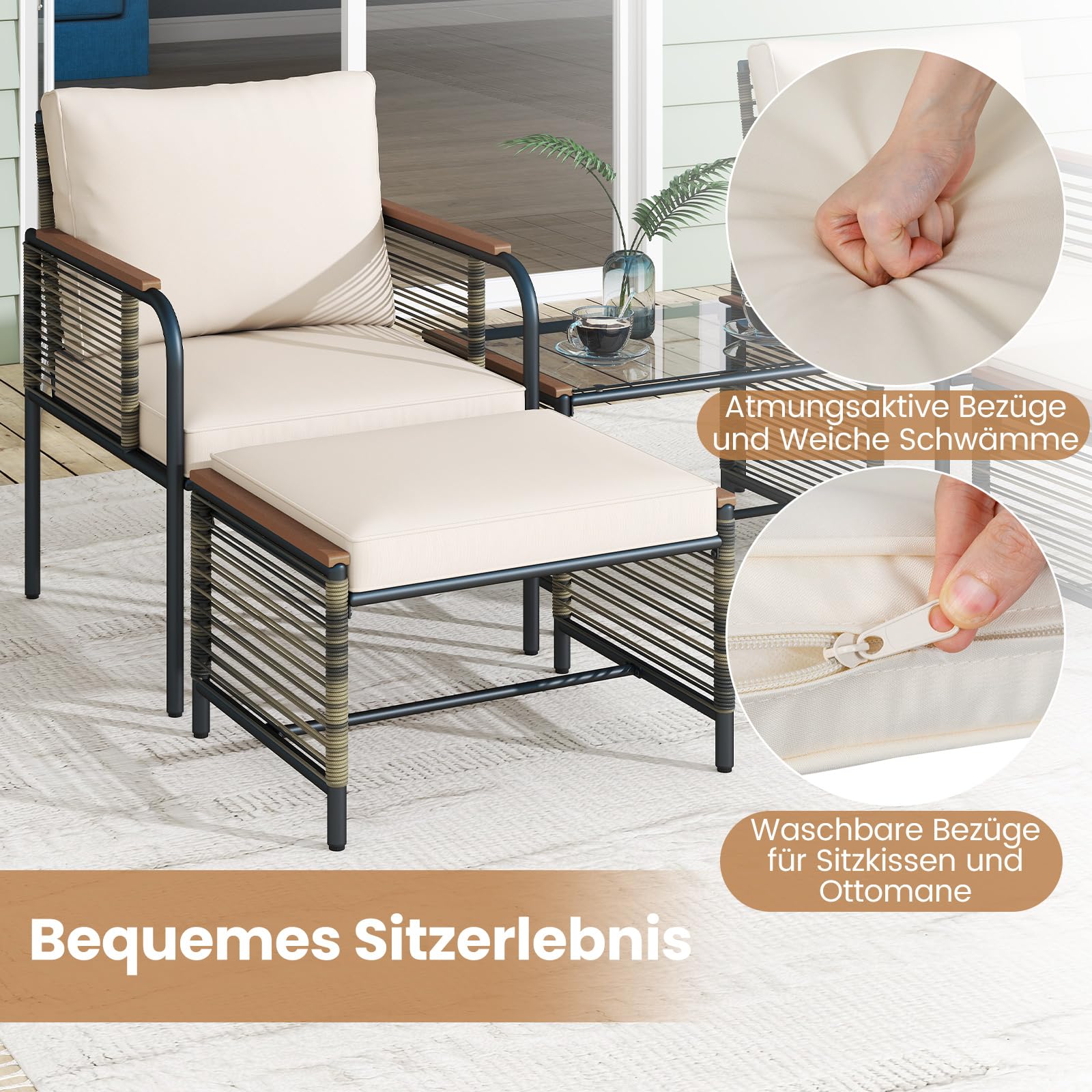 COSTWAY Rattan Gartenmöbel Set, Balkonmöbel, Balkonset inkl. 2 Stühle mit Kissen, Hocker & Tisch, Terrassenmöbel, Gartengarnitur, Sitzgruppe für Garten, Balkon, Terrasse (Beige)