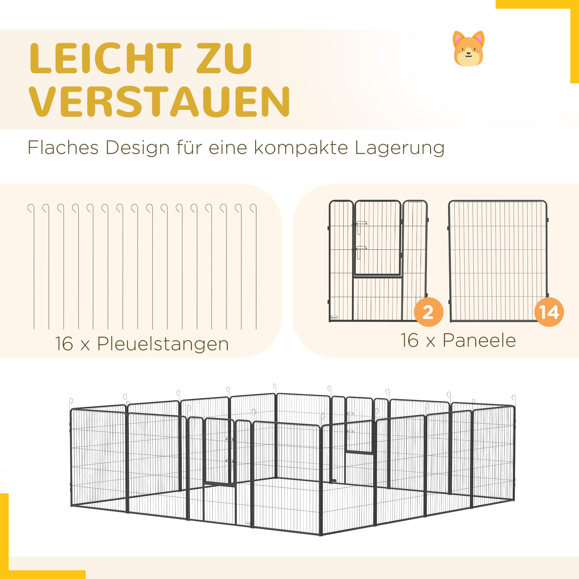 PawHut Parc pour chiot - 16 pièces - 100 cm de haut - Pliable - Avec 2 portes verrouillables - En acier - Pour grands chiens - Pour l'intérieur et l'extérieur - Pour le camping, le jardin, la