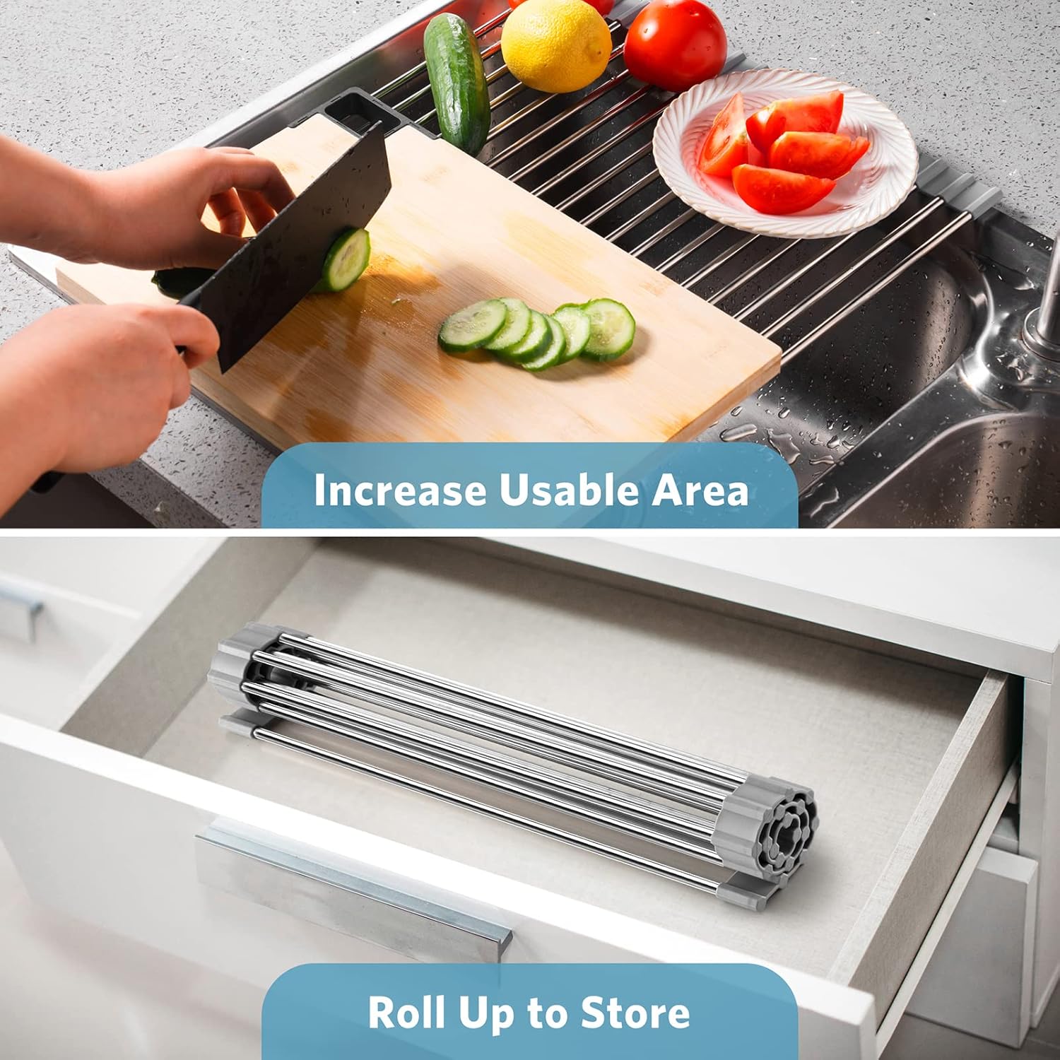 Upgraded Roll Up Dish Drying Rack(17.1” x 13.1”) Over Sink Dish Drainer Foldable Stainless Steel Trivet for Kitchen Countertop