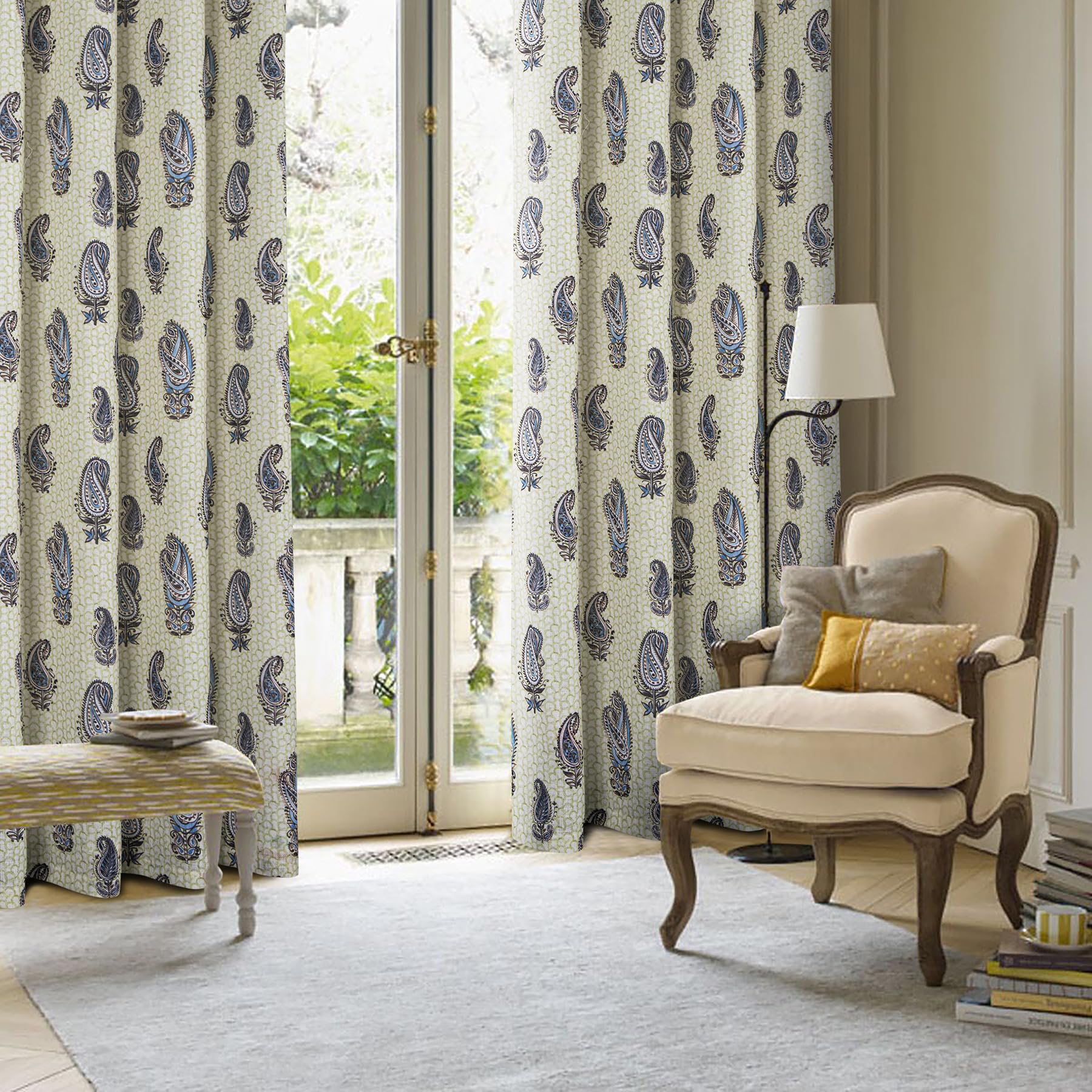 always4u Vorhänge in Leinenoptik, halbtransparent, mit Ösen, bedruckt, blaues Paisleymuster, Fensterbehandlungen für Wohnzimmer, Schlafzimmer, Dekoration, Retro-Struktur, 1 Paar, B 168 x L 183 cm