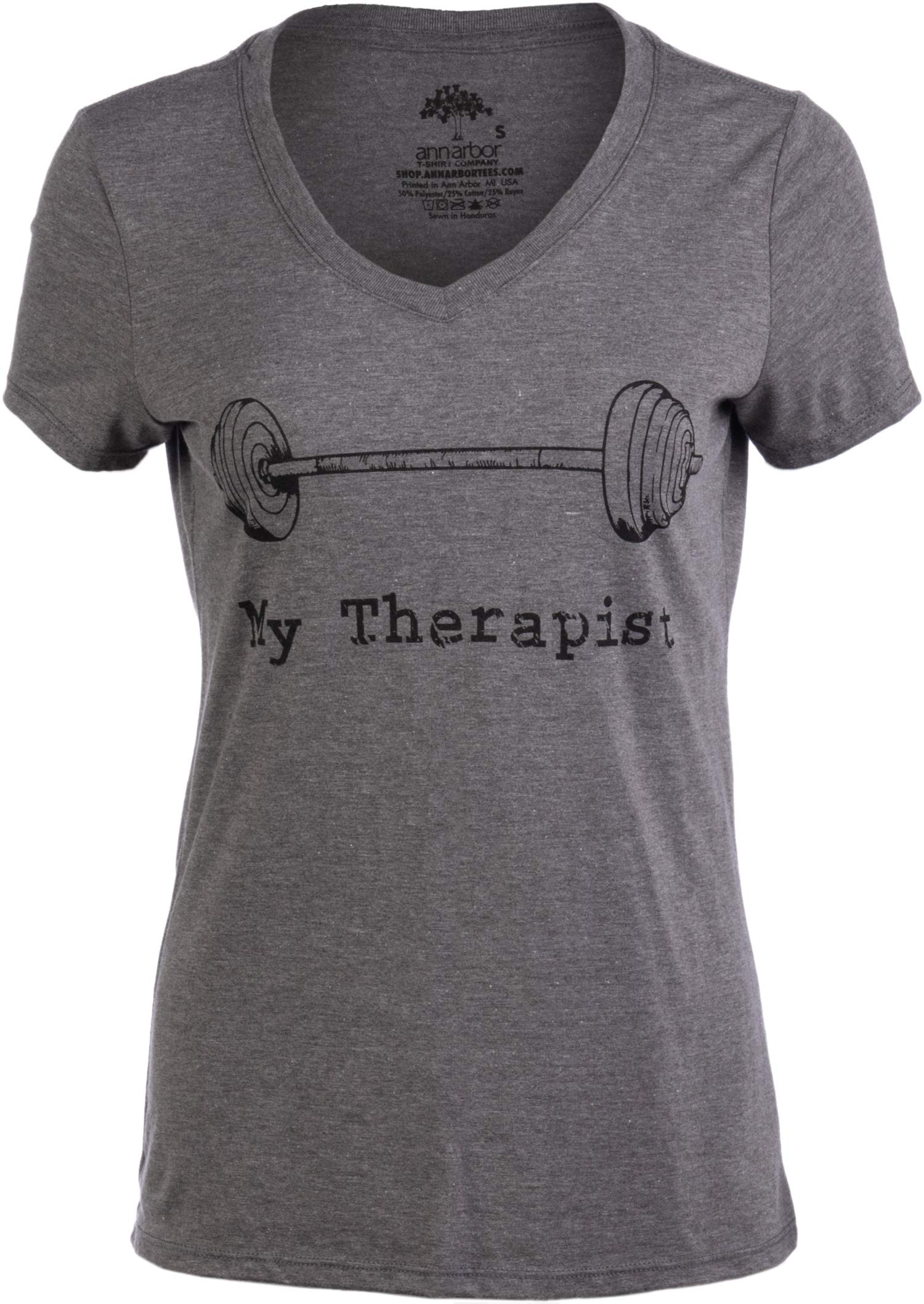 Ann Arbor T-shirt Co.My Therapist (Barbell) | Funny Workout Working Out Weight Lifting Lifter V-Neck Women