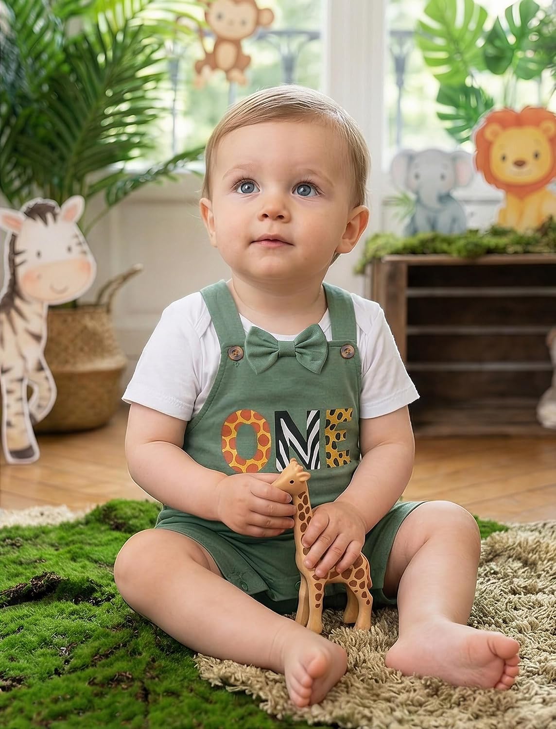 ODASDO First Birthday Outfit Boy, Baby Jungle Safari Theme Cake Smash Set, Zoo Animal Bow Tie Romper with Overalls