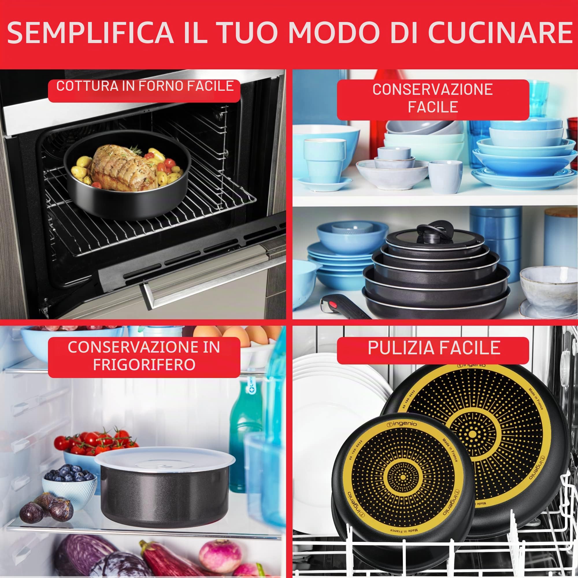 Tefal Ingenio Easy On - Set di 3 padelle + manico estraibile: 3 padelle da 22/24/26 cm, manico rimovibile, padelle antiaderenti, rivestimento titanio, Thermo-signal, lavabile in lavastoviglie e forno