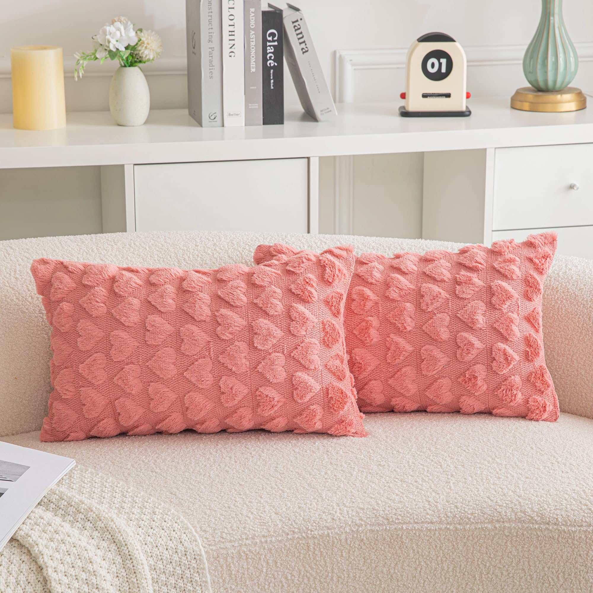 AQOTHES Set of 2 Heart Love Cute Coral Red Decorative Valentines Throw Pillow Covers 12x20, Soft Plush Faux Fur Pillow Covers for Couch Sofa Home