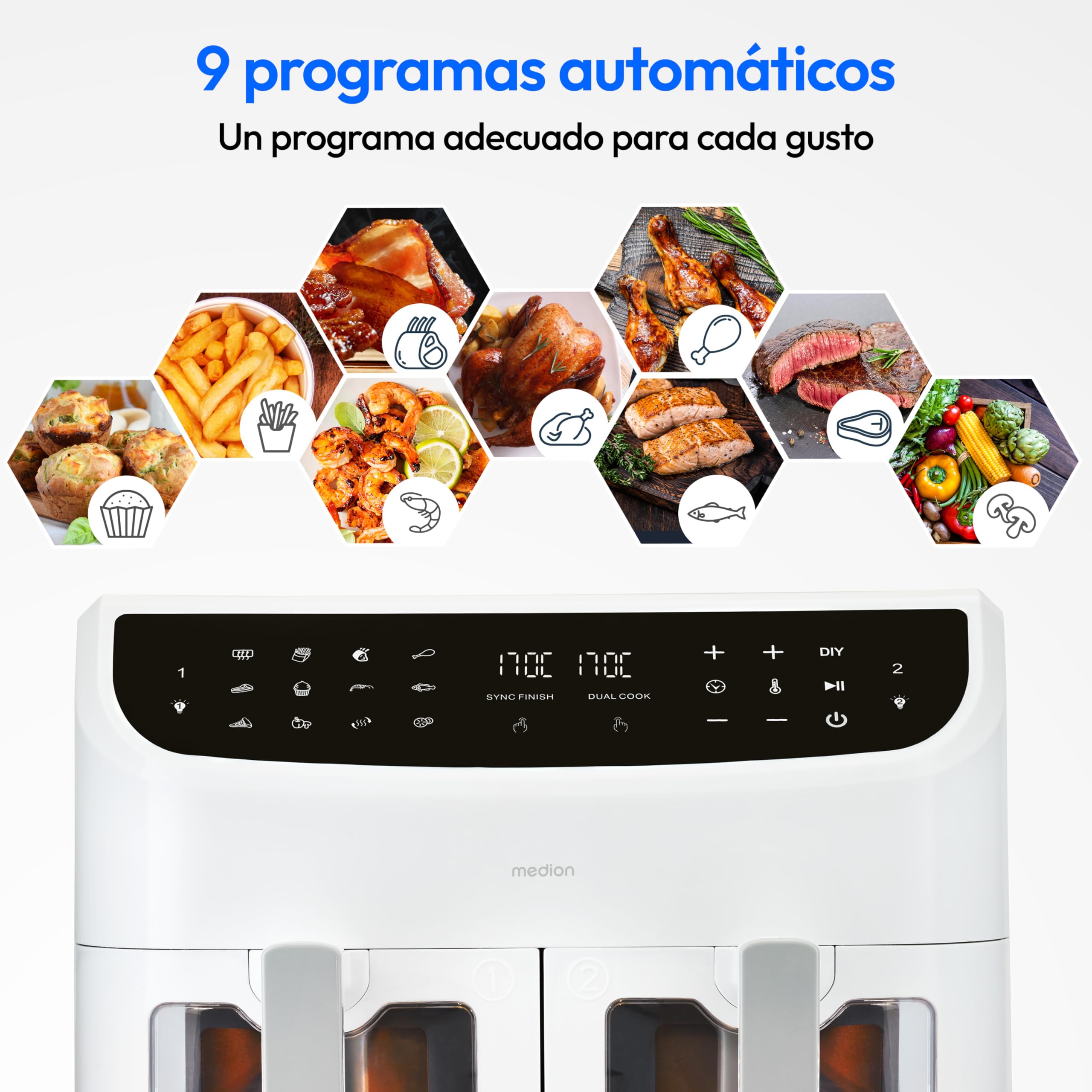 MEDION P20 XXL Freidora de Aire Doble Cesta MD11760 Blanco | 8,7 L, 2600 W, 10 Programas, 2 Cajones, Ventana, Air Fryer Dual XXL