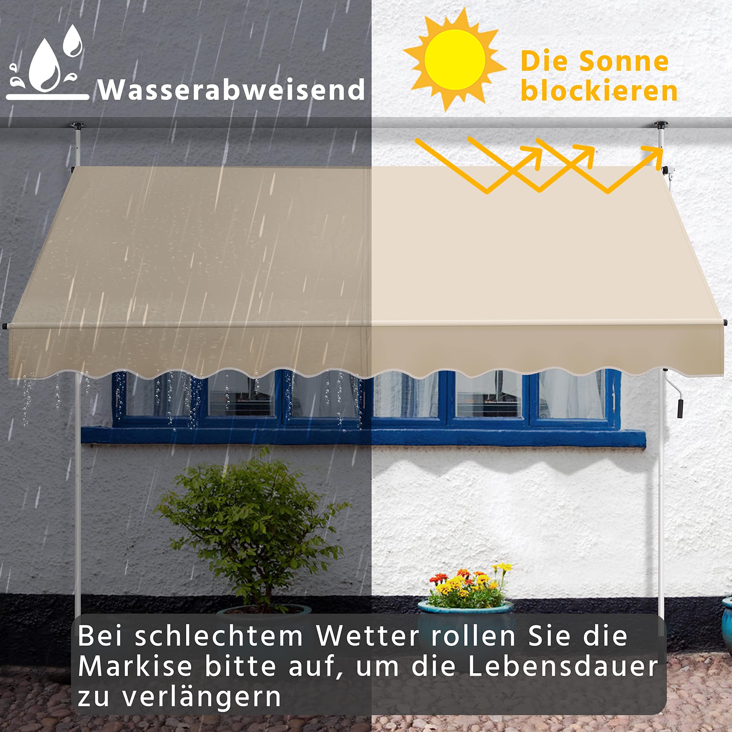 Yaheetech Tenda da sole da balcone, larghezza 300 cm, con manovella, protezione solare senza fori, regolabile in altezza, con struttura, colore beige