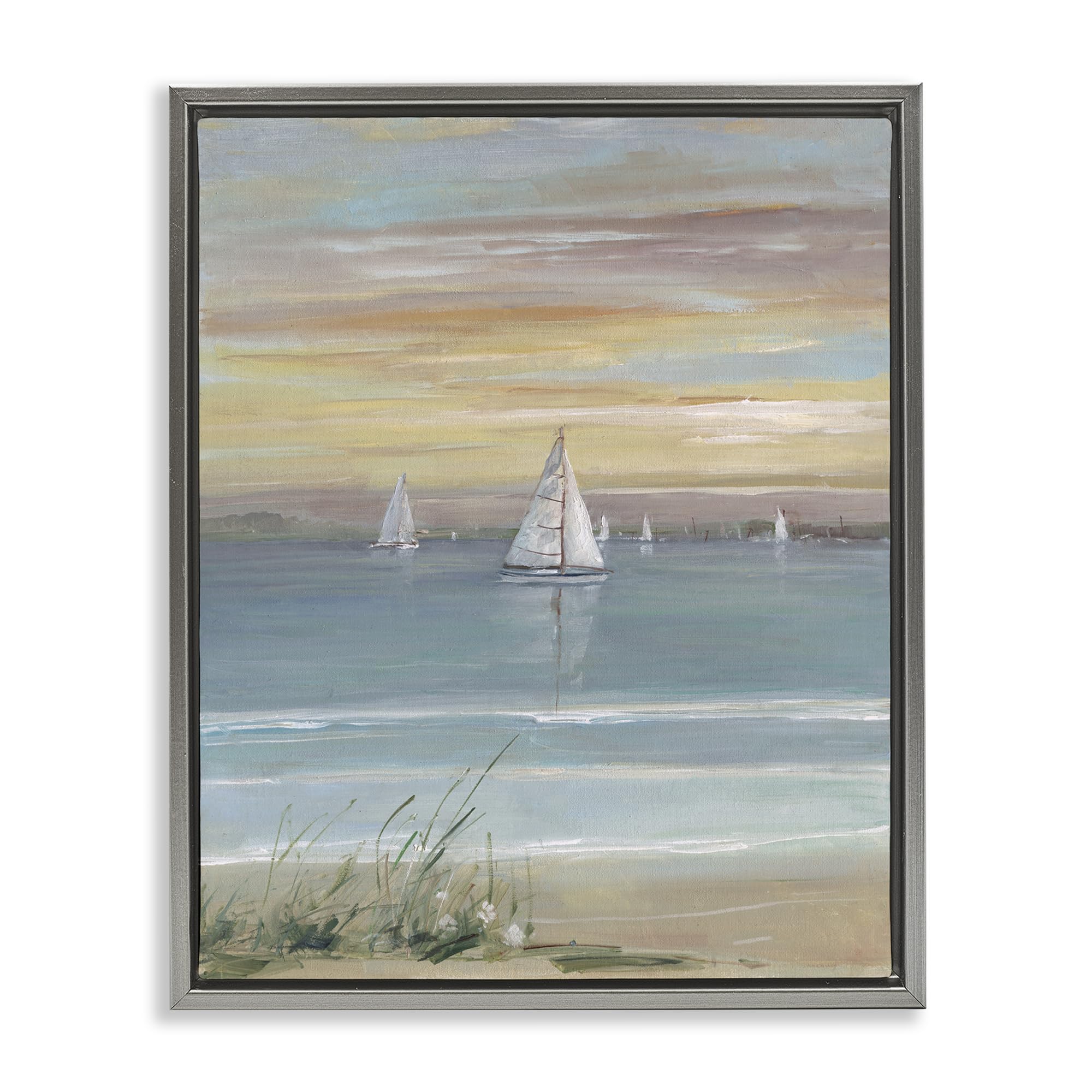 Stupell Industries Luster Gray (Matte) Coastal Sailboats Twilight Seascape, 16 X 20 Inch Canvas In Floater Frame