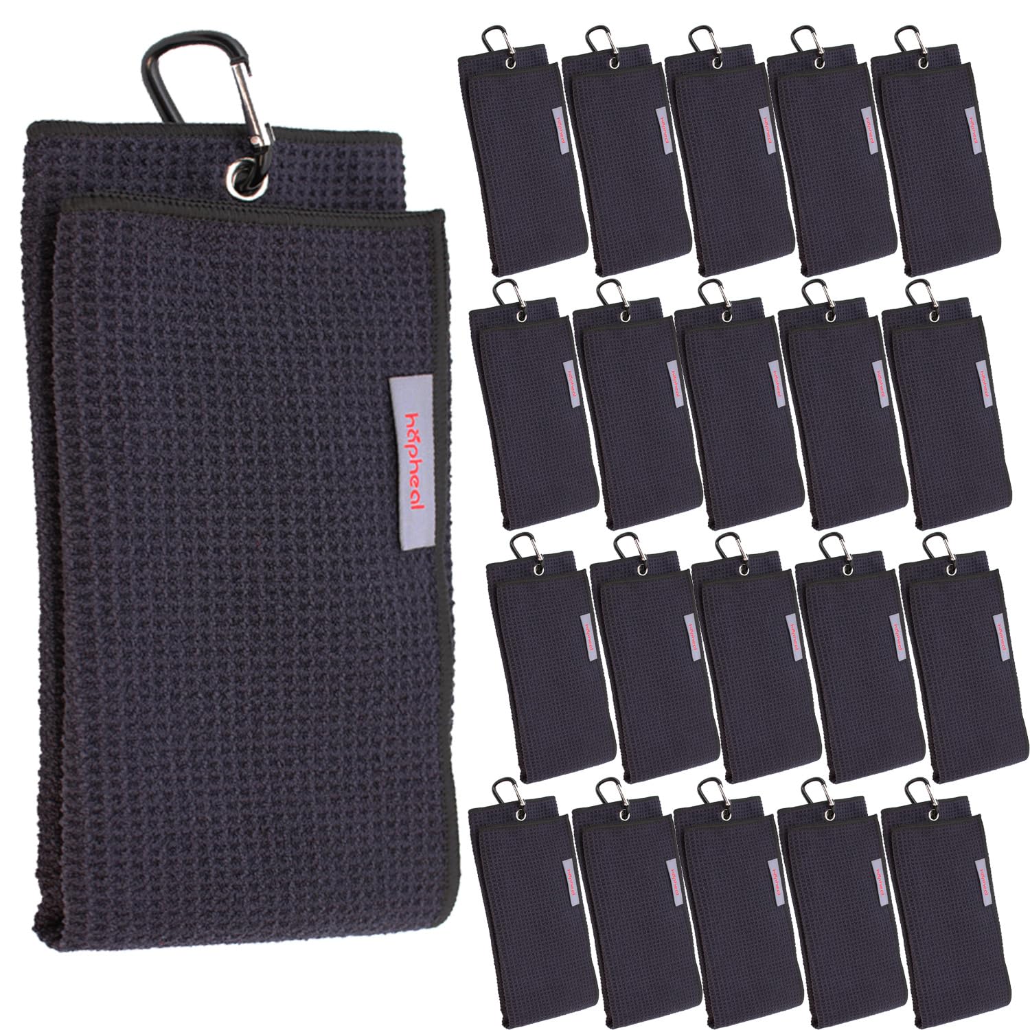 Toalla de golf (16 x 21 pulgadas) de microfibra con patrón de gofre con clip de mosquetón, toallas de golf para bolsa de golf para hombre (paquete de 20, negro)