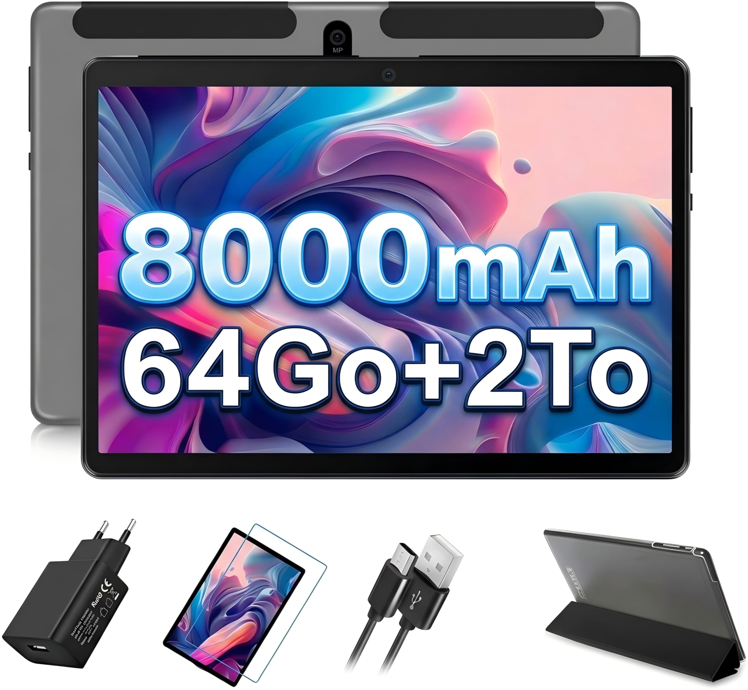 Dghrti Tablette 10 Pouces Android, Écran Tactile avec Clavier et Souris, 8000mAh, Caméra 8MP + 5MP - Noir