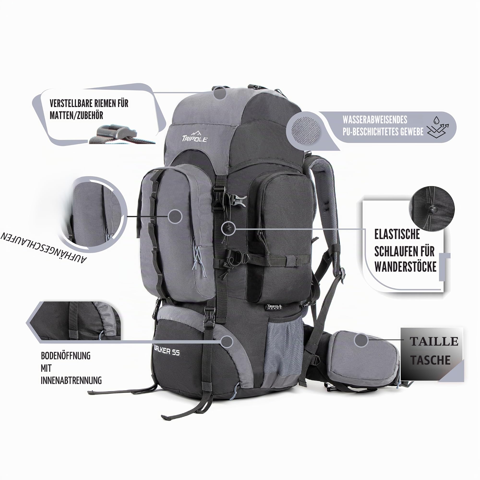 Tripole Walker Trekkingrucksack mit Innenrahmen & Laptopfach – Wanderrucksack Herren Damen, Regenschutz, 17 Zoll Fach, Rucksack Wasserdicht für Reise & Camping