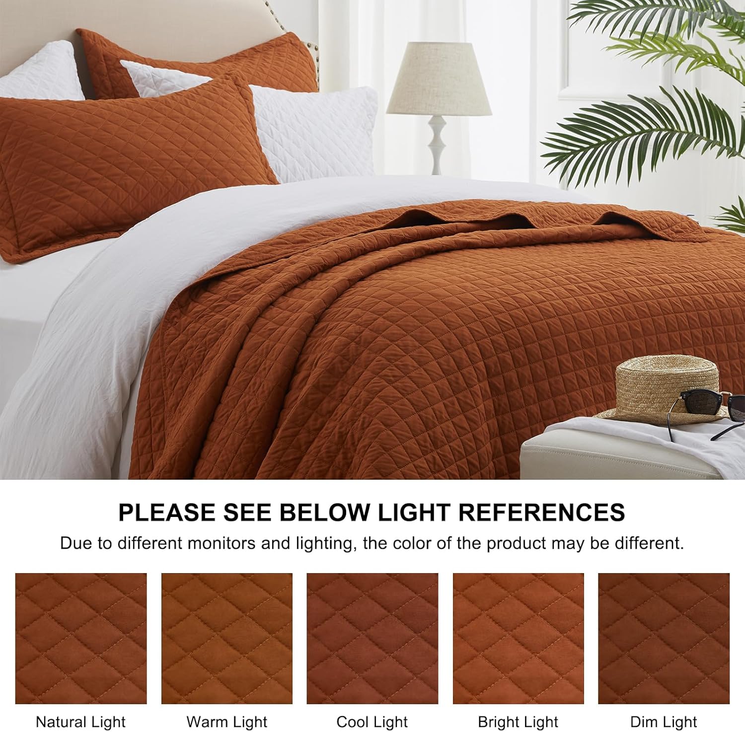 SunStyle Home Queen Quilt Bedding Set with Pillow Shams, Full Queen Size Quilt Brunt Orange, Lightweight Comforter Bedspreads Soft Reversible Coverlet for All Season 3pcs Rust Diamond Quilted Bed Set - Image 5