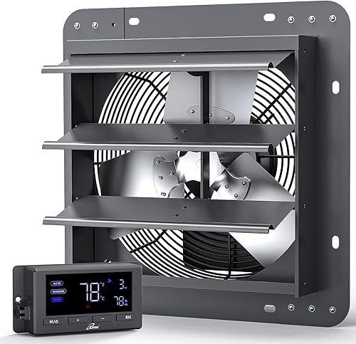 iLIVING Extractor de persiana montado en la pared de 12 pulgadas, obturador automático, controles de temperatura y humedad con velocidad variable,