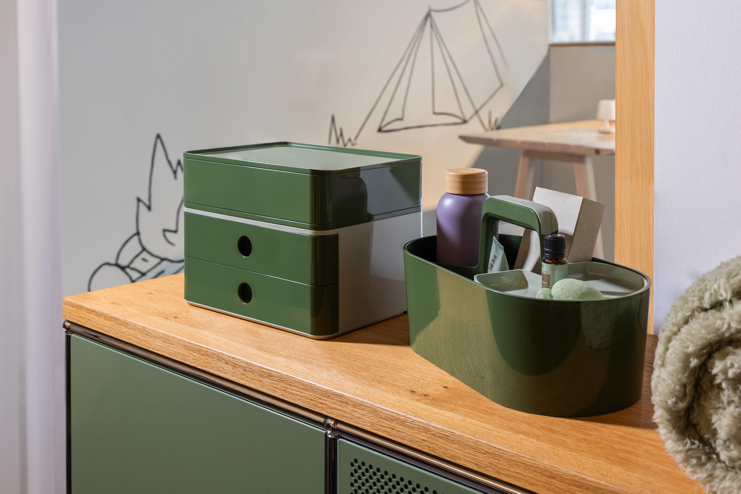 HAN Allison Smart-BOX - Cassettiera con 2 cassetti e divisorio, impilabile, per ufficio, scrivania, cucina, piedini in gomma per mobili, 1120-40, colore: verde lucido