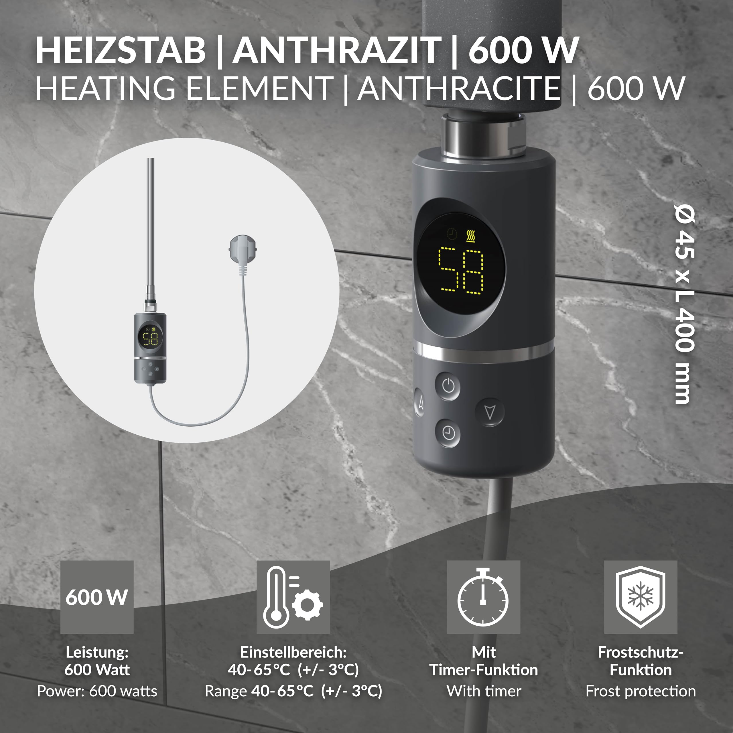 ML-Design Resistenza Elettrica 600 W a Immersione Asta di Riscaldamento per Calorifero Radiatore Termosifone con Termostato Controllo della Temperatura Bagno e Schermo LCD Design Moderno Antracite