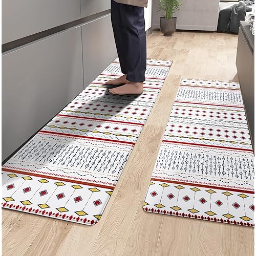 ASPMIZ Modern Kitchen Rugs and Mats Set of 2 Cushioned, Anti Fatigue Kitchen Mat Geometric 2 Piece Washable, Waterproof PVC Standing Kitchen Floor Mat for Sink Office, 18" x 48"+18" x 60", Multi Color