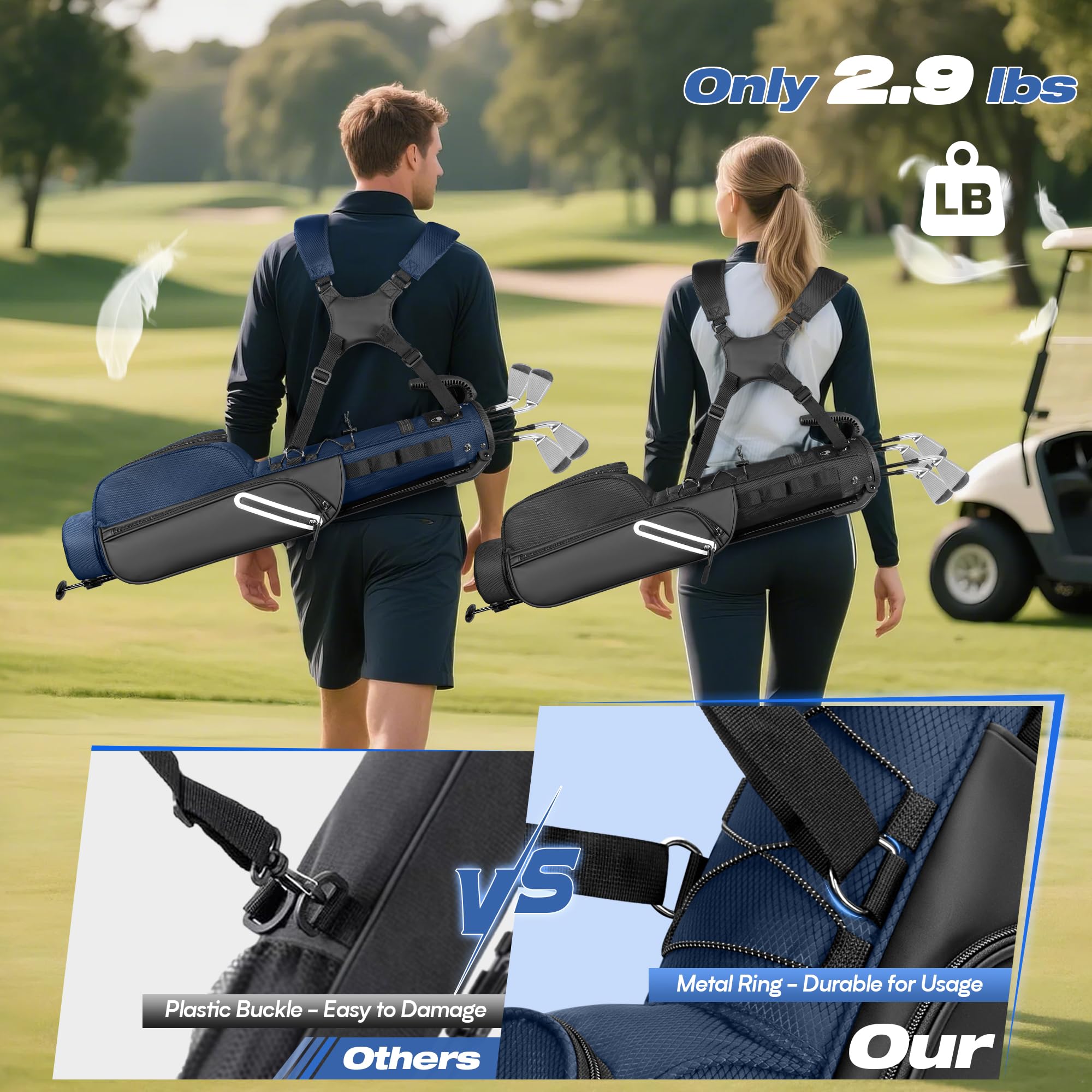 GOBUROS Sac de Golf Trépied pour 1 à 7 Clubs, Design Compact pour Parcours par 3 et Practice, Sac Idéal pour Pitch et Putt, avec Doubles Sangles Ergonomiques Rembourrées, Housse de Pluie