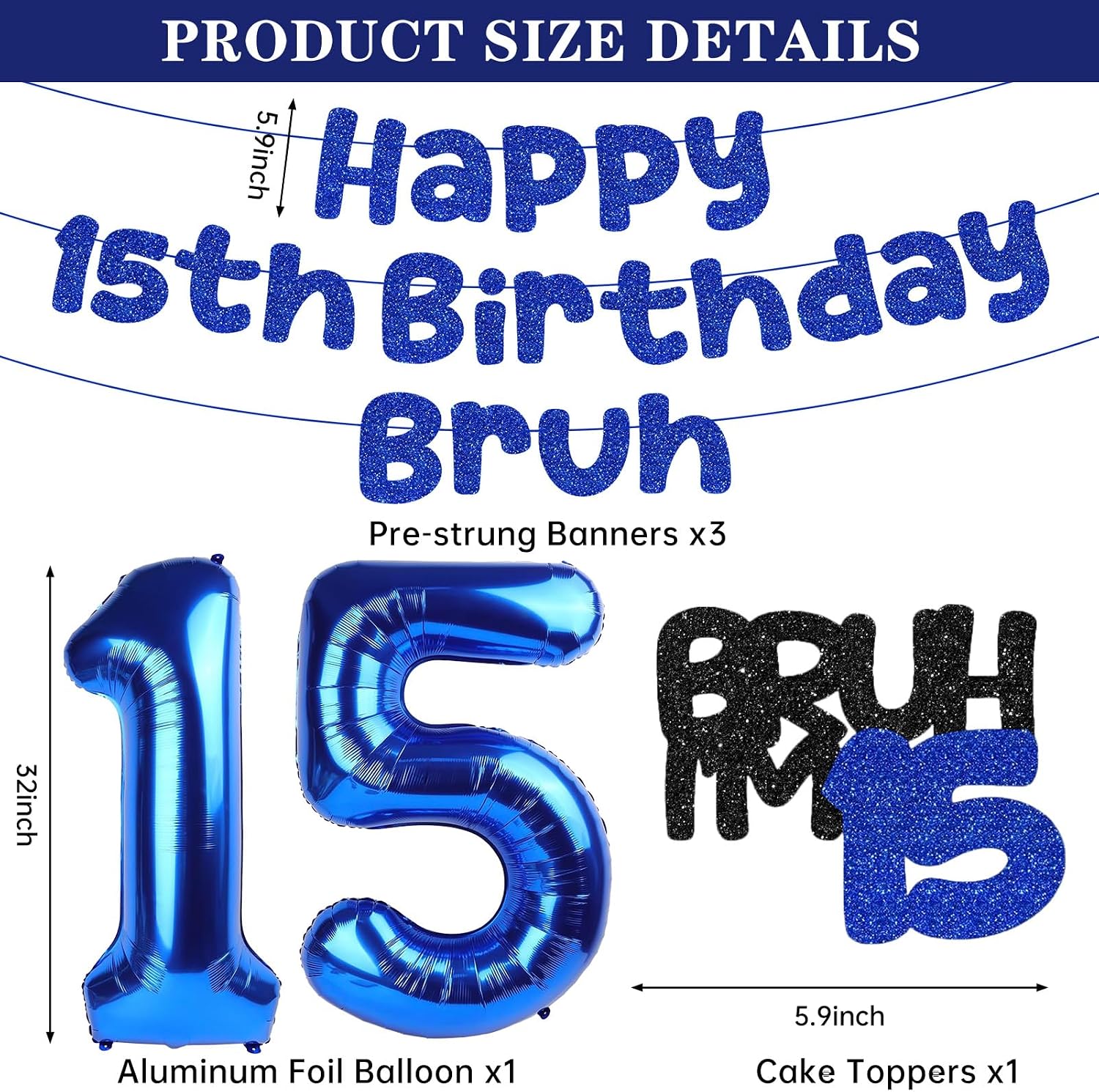 Hanppy 15th Birthday Decorations for Boys, Pre-Strung Hanppy 15th Birthday Banner, 32inch Aluminum Foil Balloons Cake Topper, Blue 15 Years Old Bday Party Favor Supplies