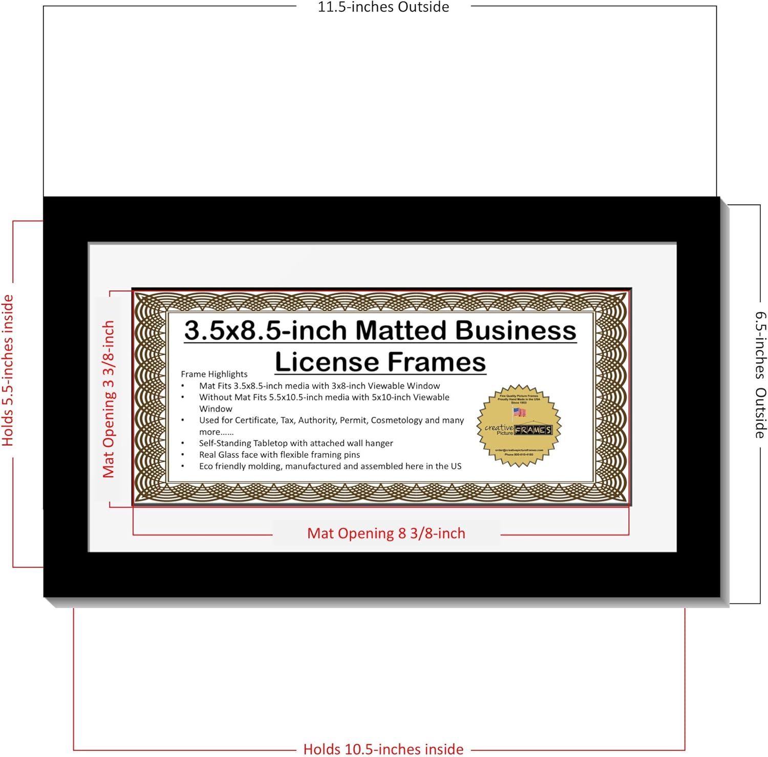 Creative Picture Frames 5.5X10.5Bk-B Business License Frame With Matting, Self Standing Easel And Wall Hanger (Pack of 4)