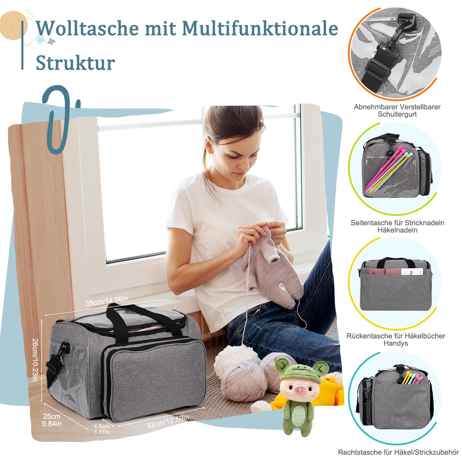 Katech Sac à Tricoter, Sac de Rangement pour Laine Fils Textiles, Sac Portable de Grande Capacité pour Accessoires de Crochet Tricot, Trousse de Aiguille à Crochet, Accessoires Non Inclus, Gris