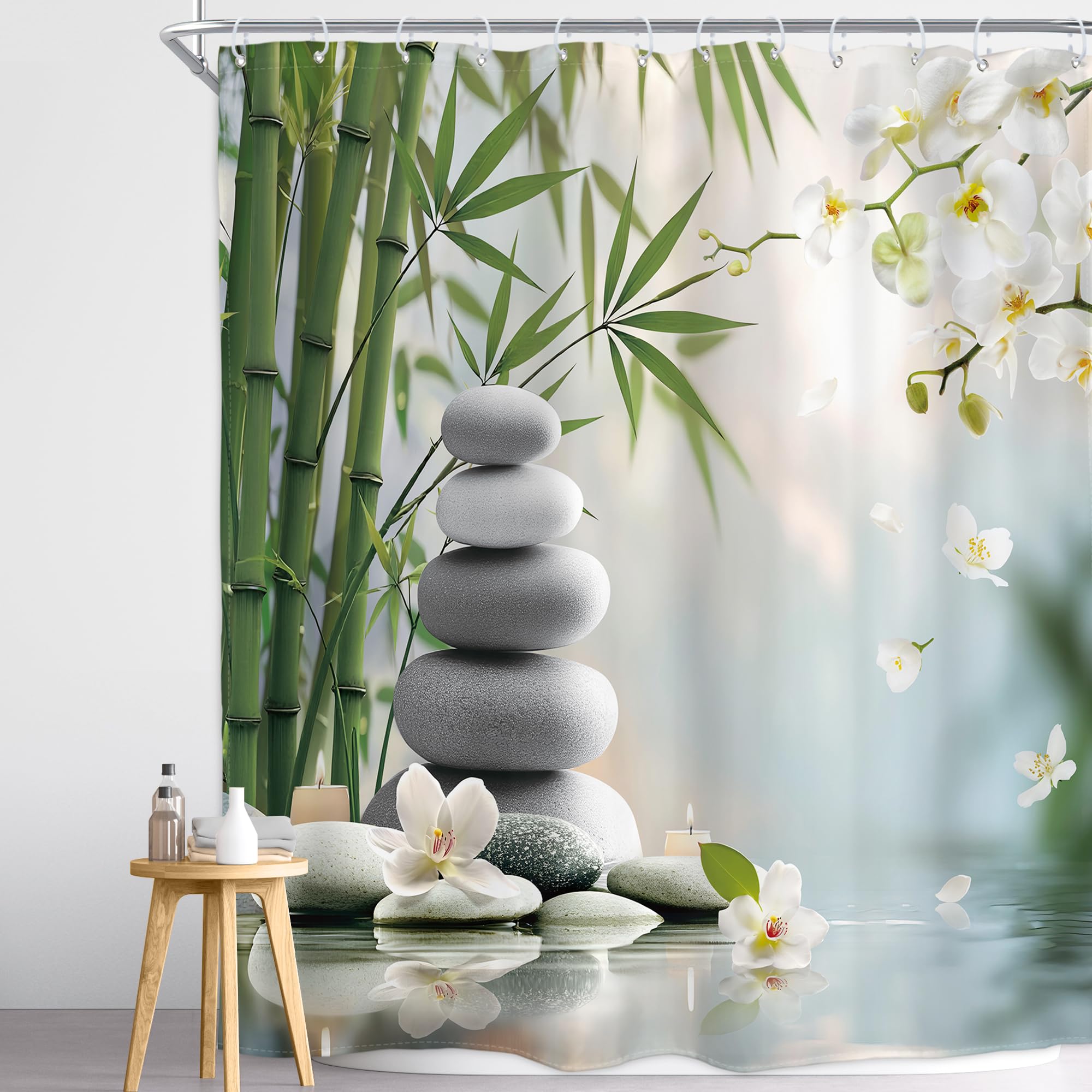 Homewelle Zen Stone Meditation Shower Curtain Green Bamboo White Orchid Spa Meditation Inspirational Positive Spa Relaxing Candle 60Wx72H Inch Botany Waterproof Polyester Fabric Bathroom Bathtub