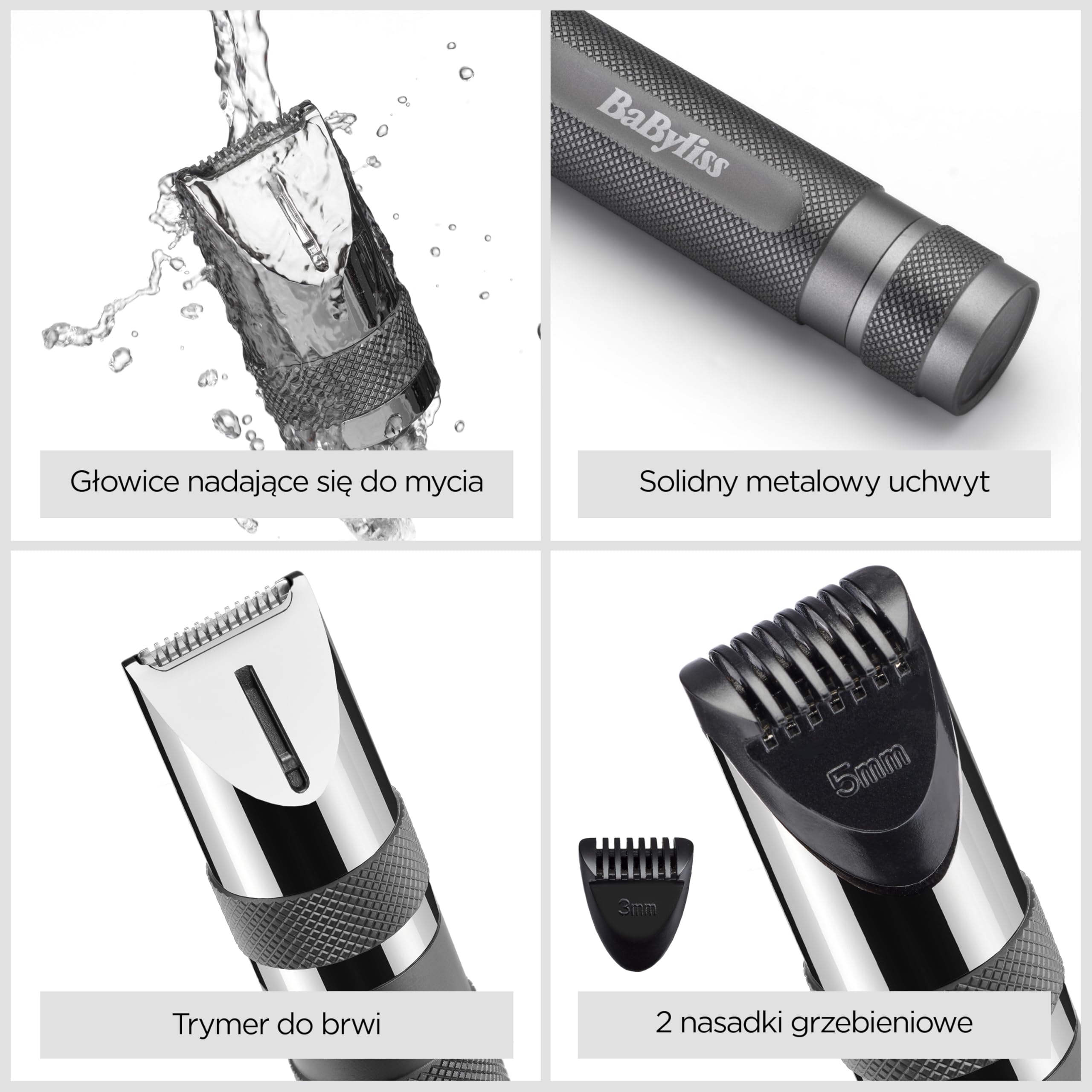 BaByliss Super-X Metal Precision Detail Trimmer - 3 w 1 Trymer do nosa, uszu i brwi, 2 nakładki, 2 nakładki grzebieniowe, zasilany bateryjnie – E116E