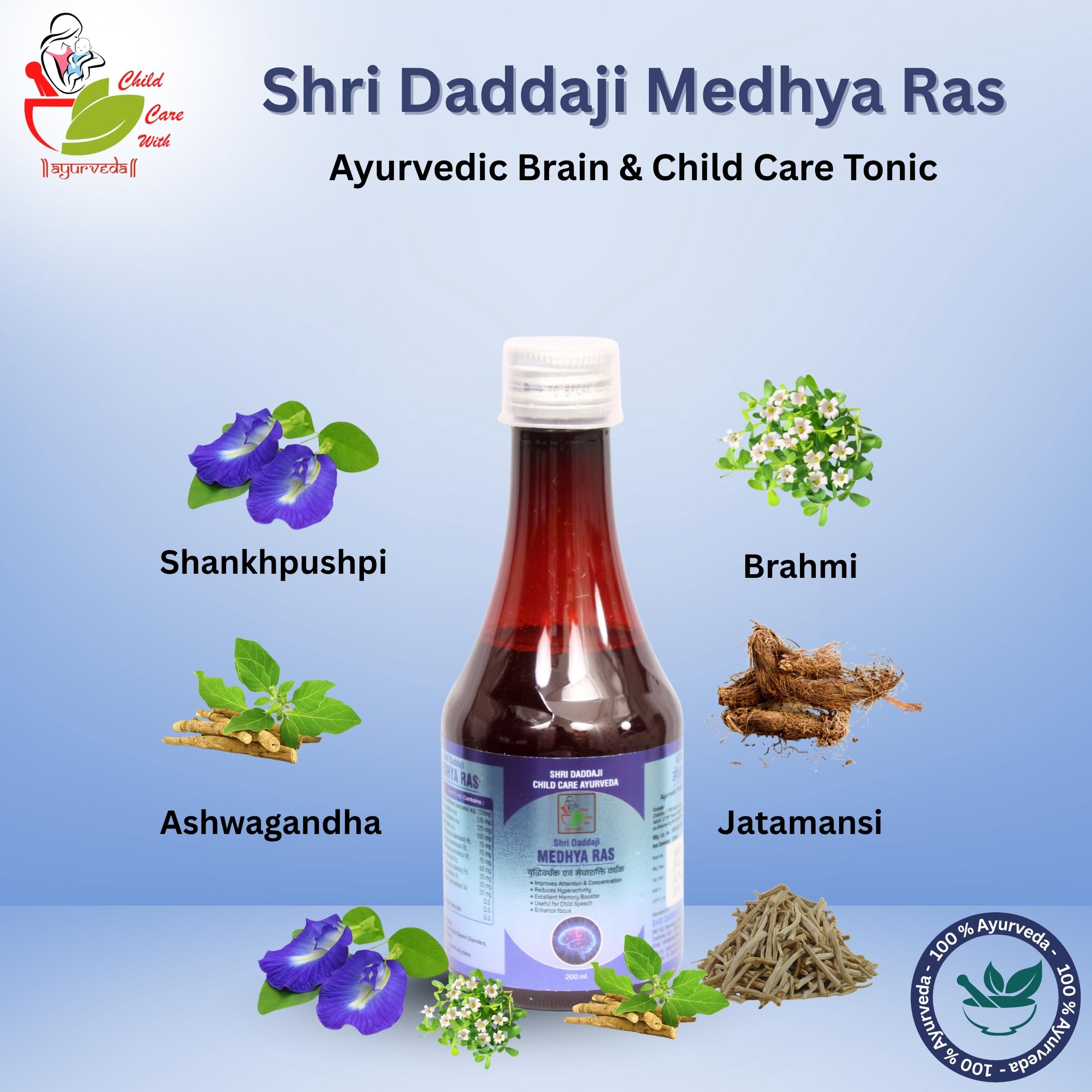Shri Daddaji Medhya Ras Syrup 200ml | Ayurvedic Brain & Nerve Tonic for Kids | Supports Speech Delay, Development Delay & Memory Power | Natural Herbal Tonic for Children’s Cognitive Growth - Image 2 thumbnail