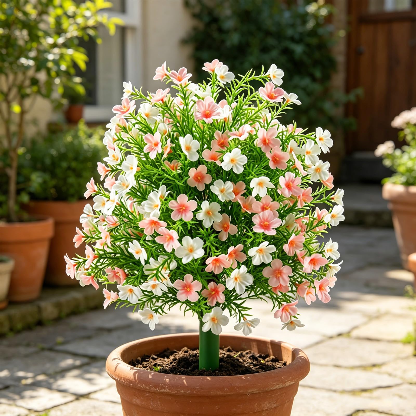 ZJchao 2 Pezzi di Fiori Artificiali per Arte Topiaria, Fiori Finti Resistenti Alle Intemperie, a Prova di Sbiadimento, con Picchetto per la Decorazione Domestica della Festa Nuzia (Rosato e Bianco)