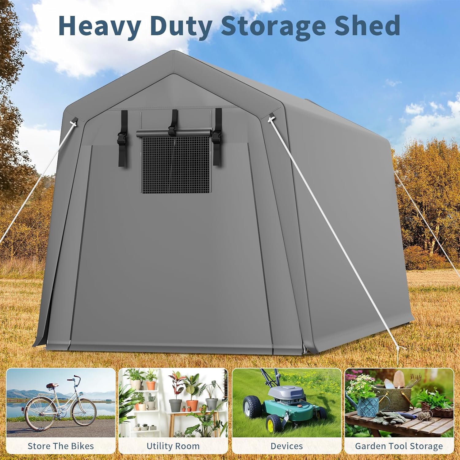 7'x10' Outdoor Portable Storage Shed, Waterproof & UV-Resistant Garage Shelter with 2 Roll-Up Zipper Doors, Anti-Snow Carport Tent for Motorcycle, Bike, and Outdoor Equipment, Gray - Image 4